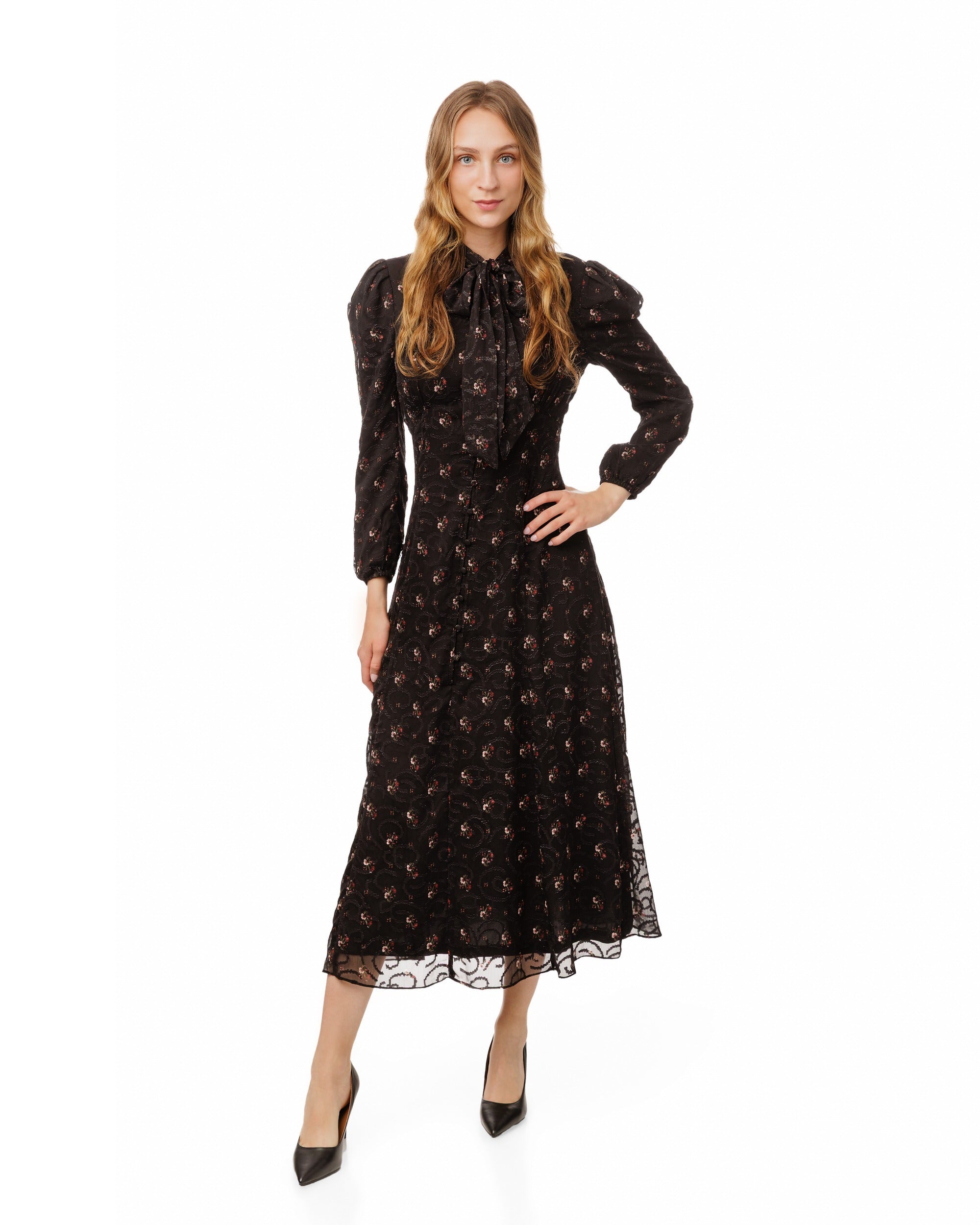 Black Printed Lace Neck Tie Dress