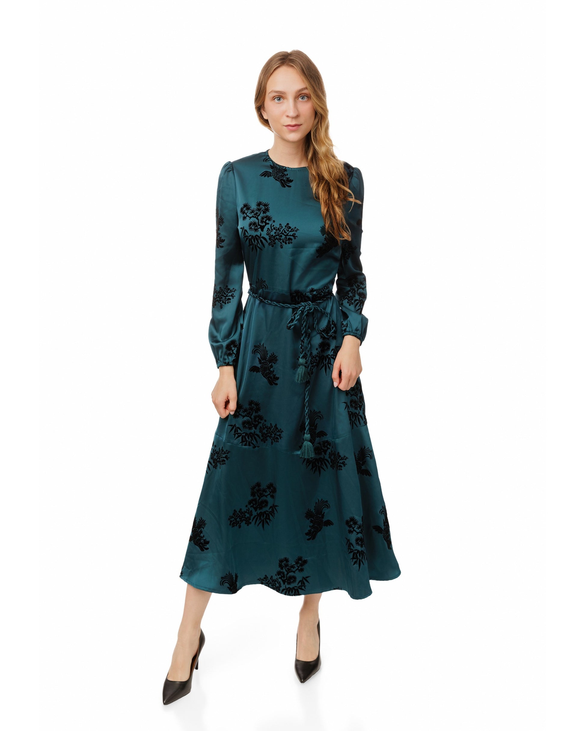 Teal Embroidered Braided Belt Dress