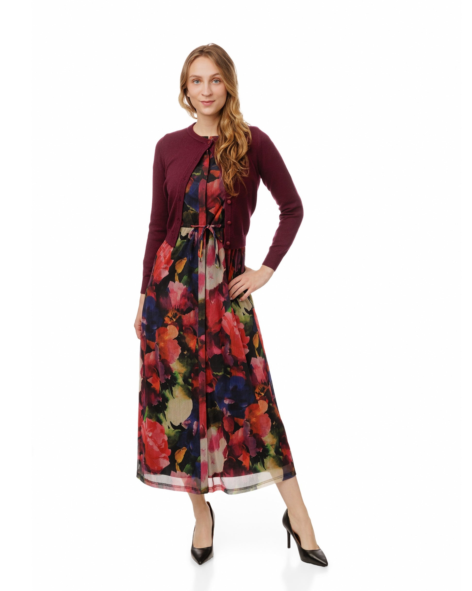 Floral Printed Dress With Burgundy Cardigan