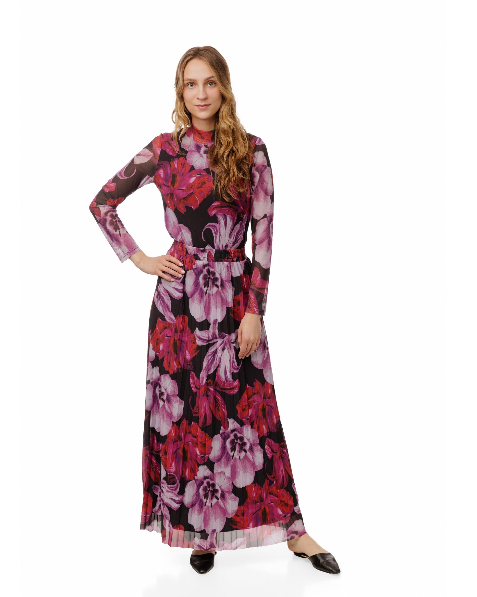 Pink And Purple Floral Pleated Skirt