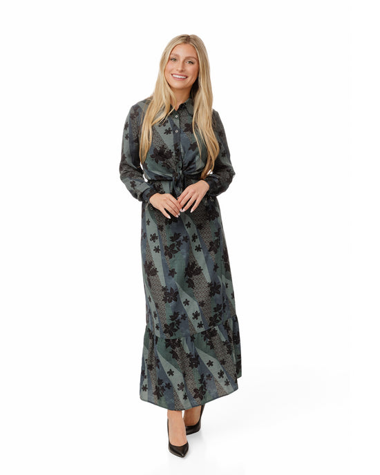 Teal And Black Printed Overlay Dress