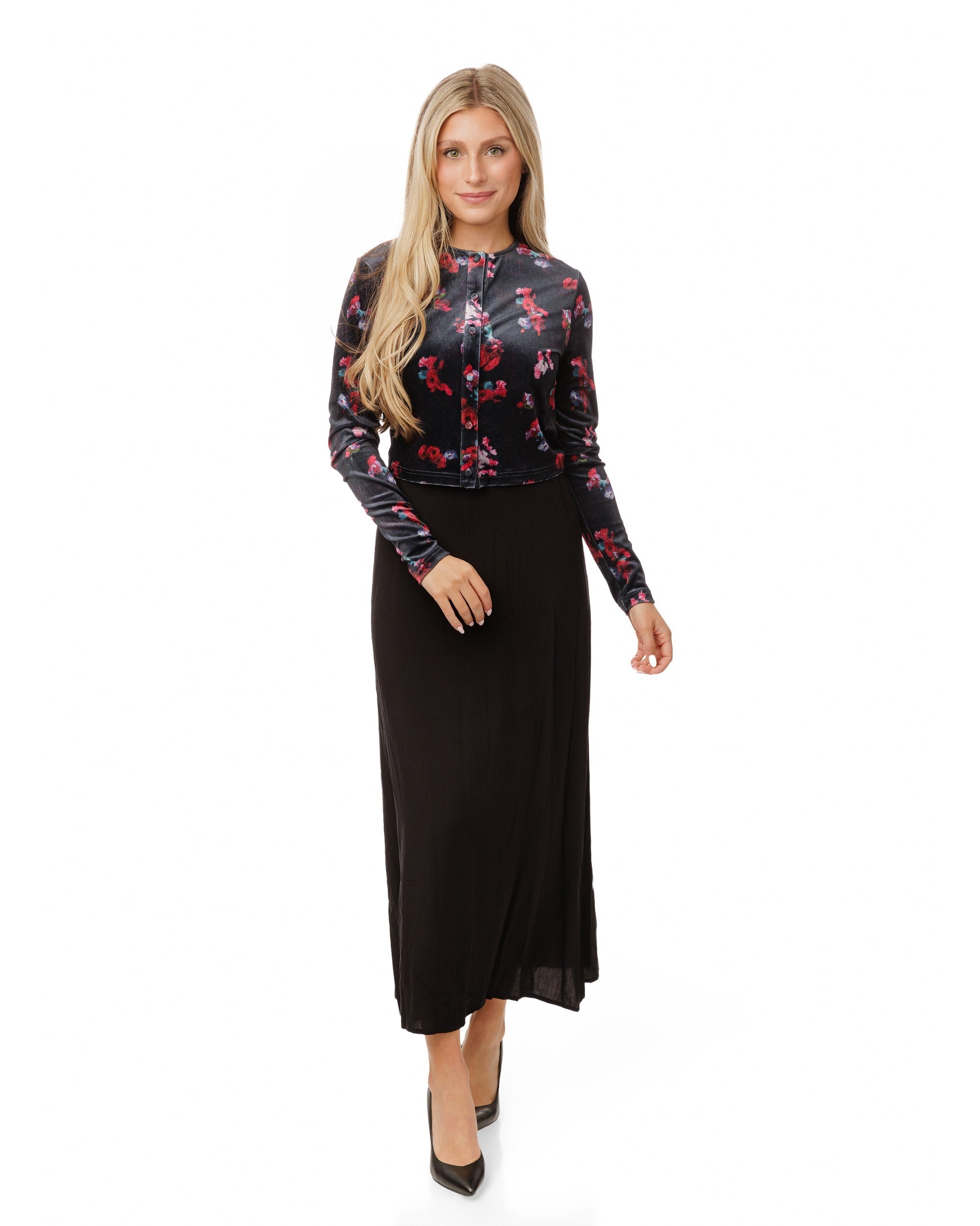 Black Dress With Prink Flowered Velvet Overlay