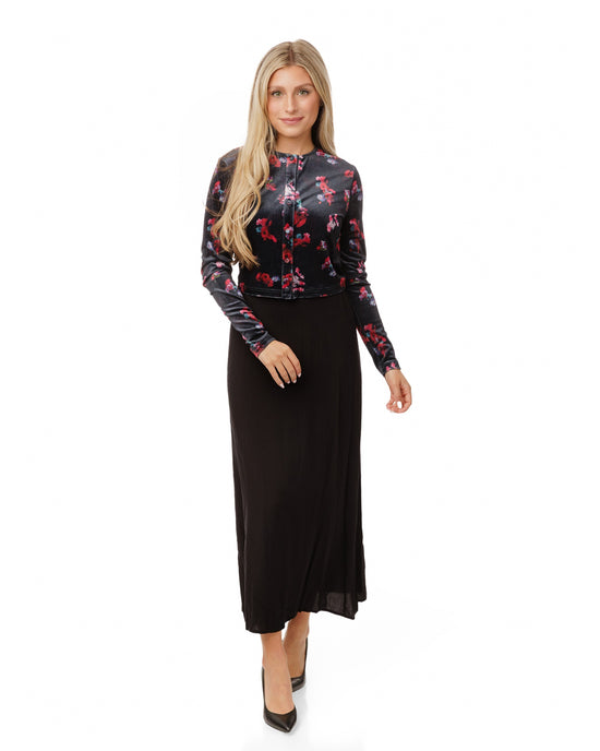 Black Dress With Prink Flowered Velvet Overlay