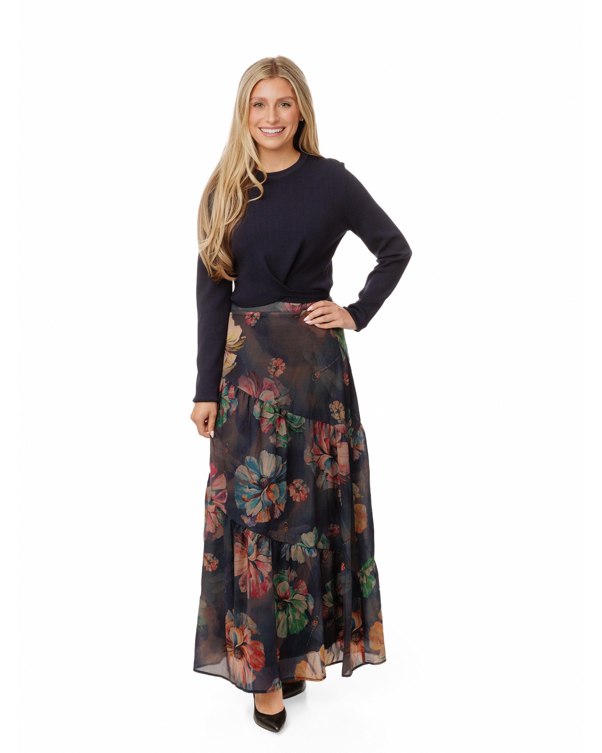 Black Floral Tiered Skirt