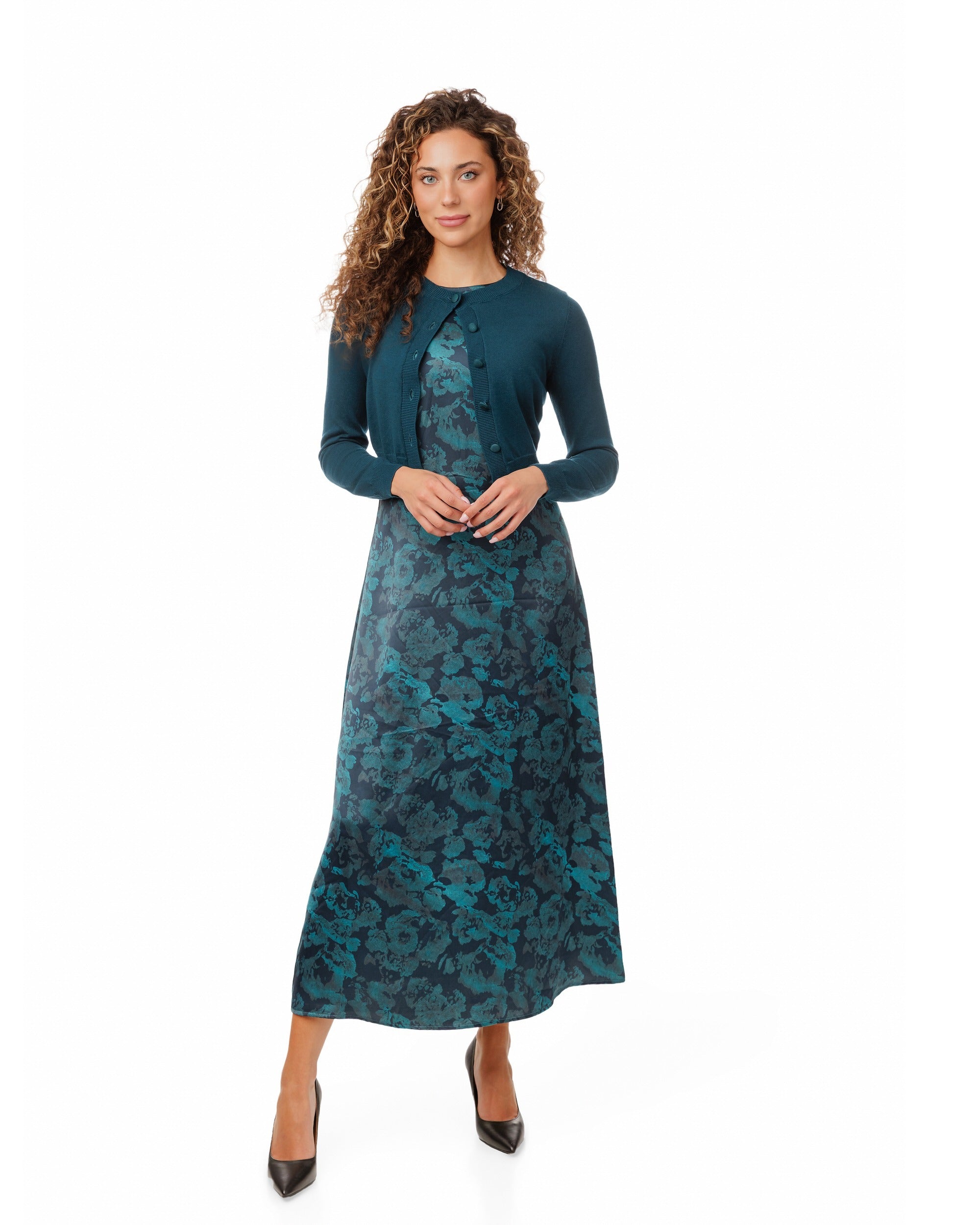 Teal Floral Dress With Solid Cardigan