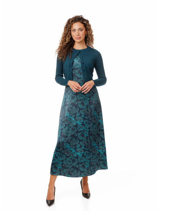 Teal Floral Dress With Solid Cardigan