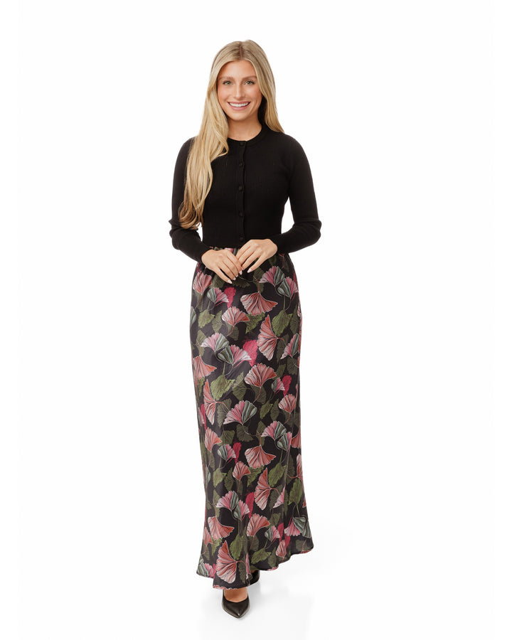 Floral Printed Silk Jumper With Black Knit Top