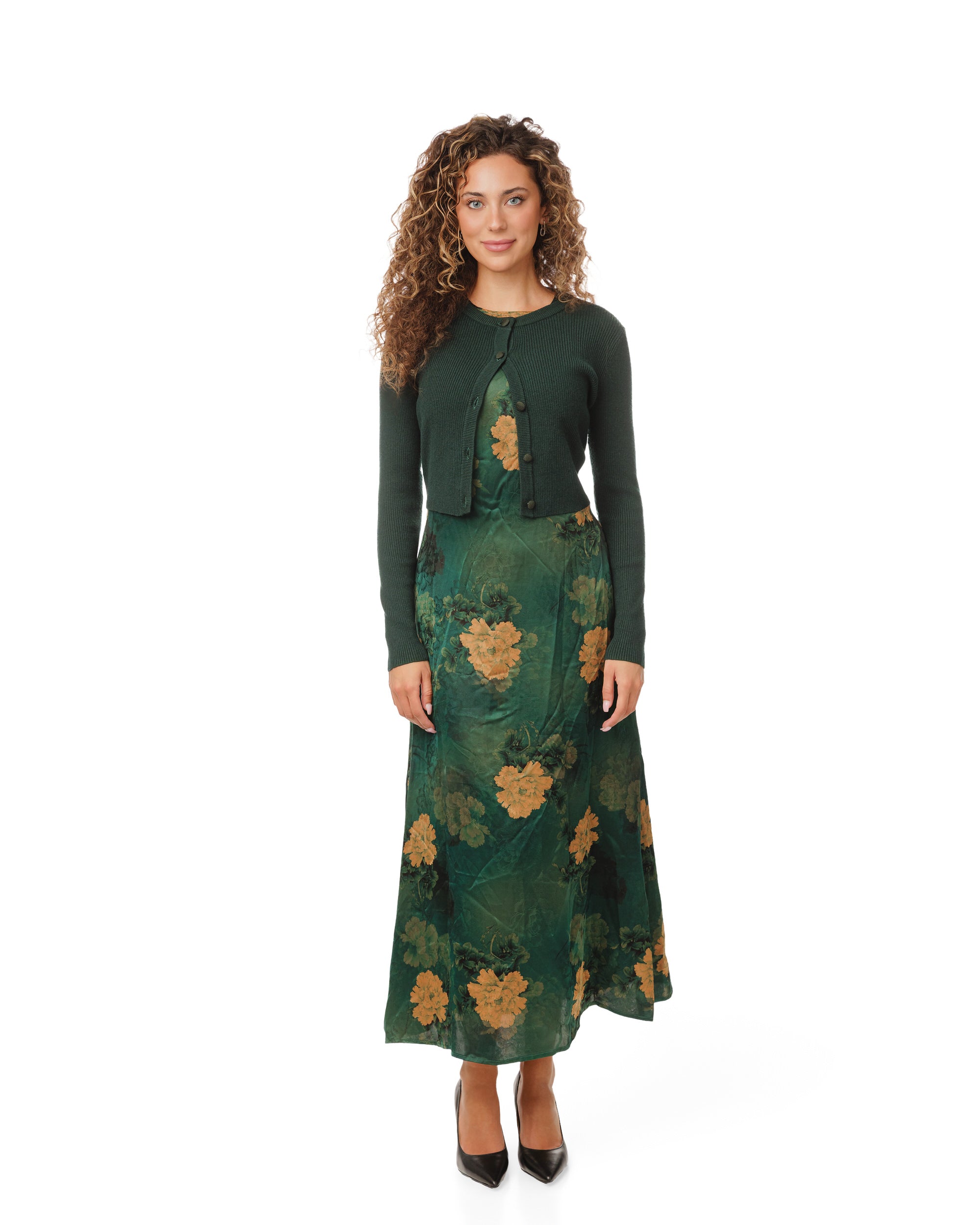 Green And Gold Floral Printed Dress With Overlay Cardigan