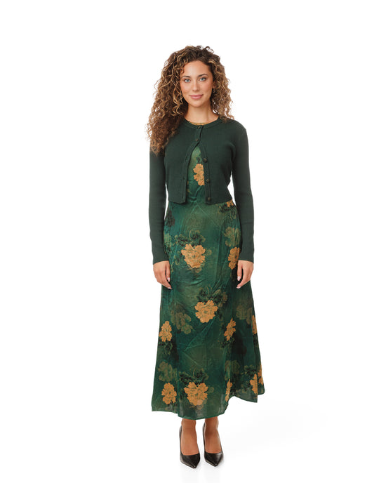 Green And Gold Floral Printed Dress With Overlay Cardigan