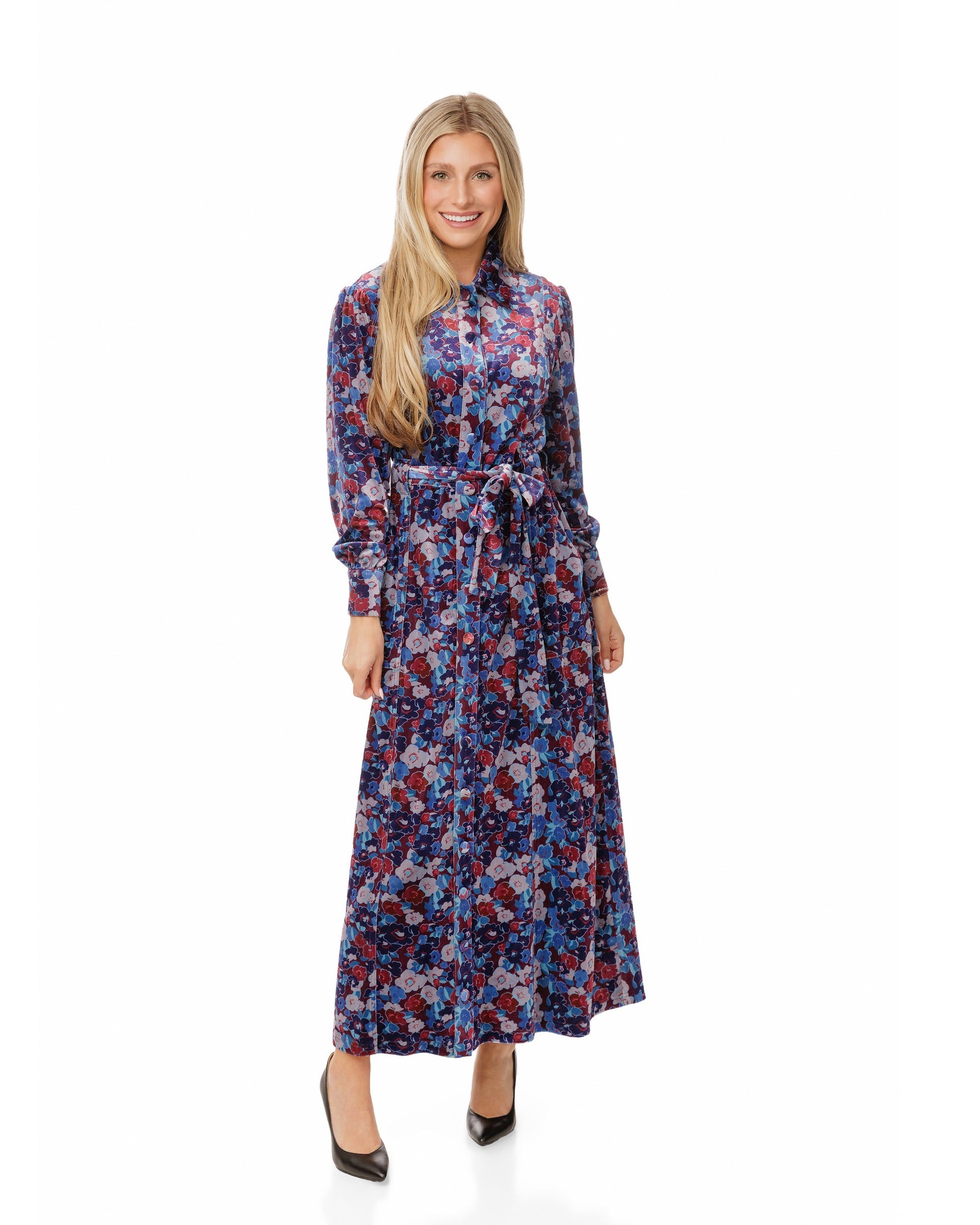 Blue And Pink Floral Velvet Dress