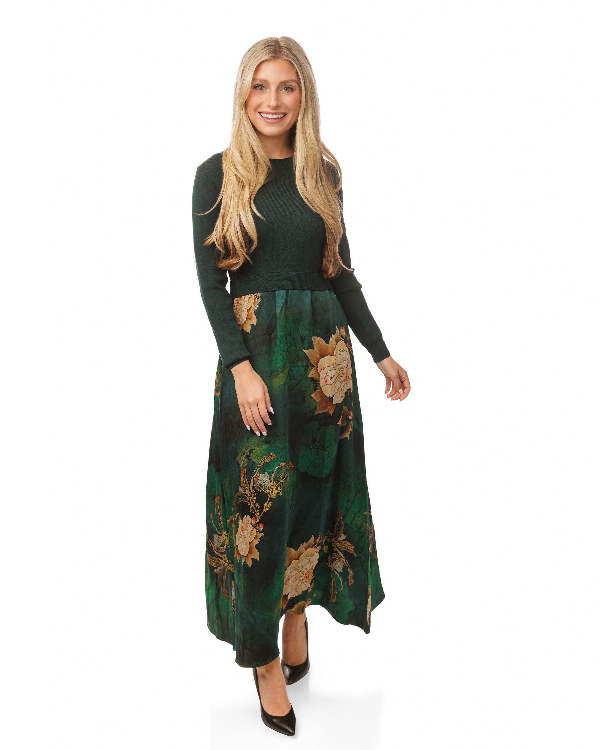 Emerald Green Knit Overlay And Printed Satin Dress