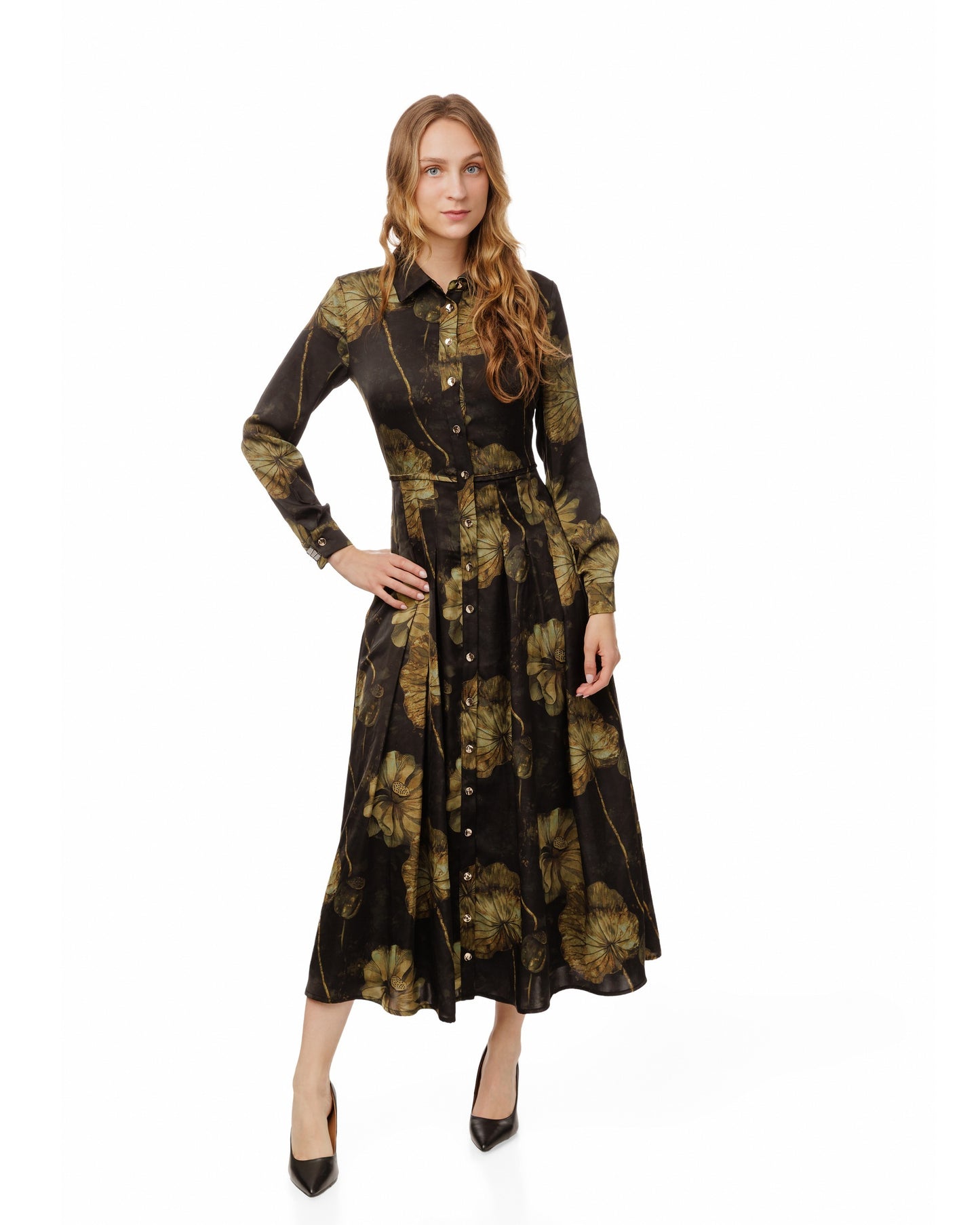 Black And Gold Floral Pleated Dress