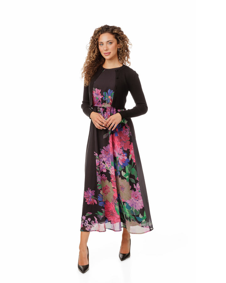 Multicolor Flower Printed Black Dress With Black Cardigan