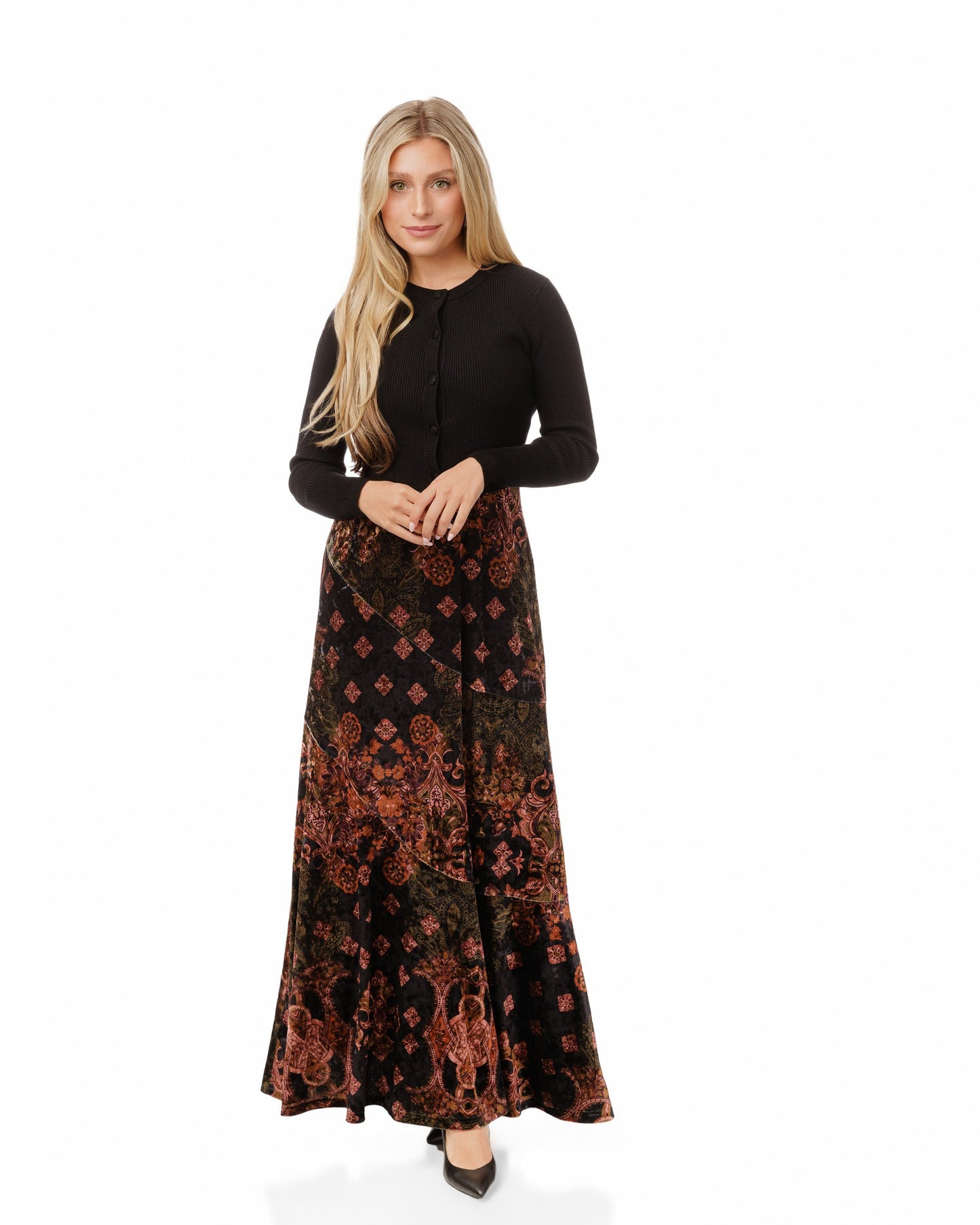 Printed Tiered Velvet Skirt With Black Knit Overlay