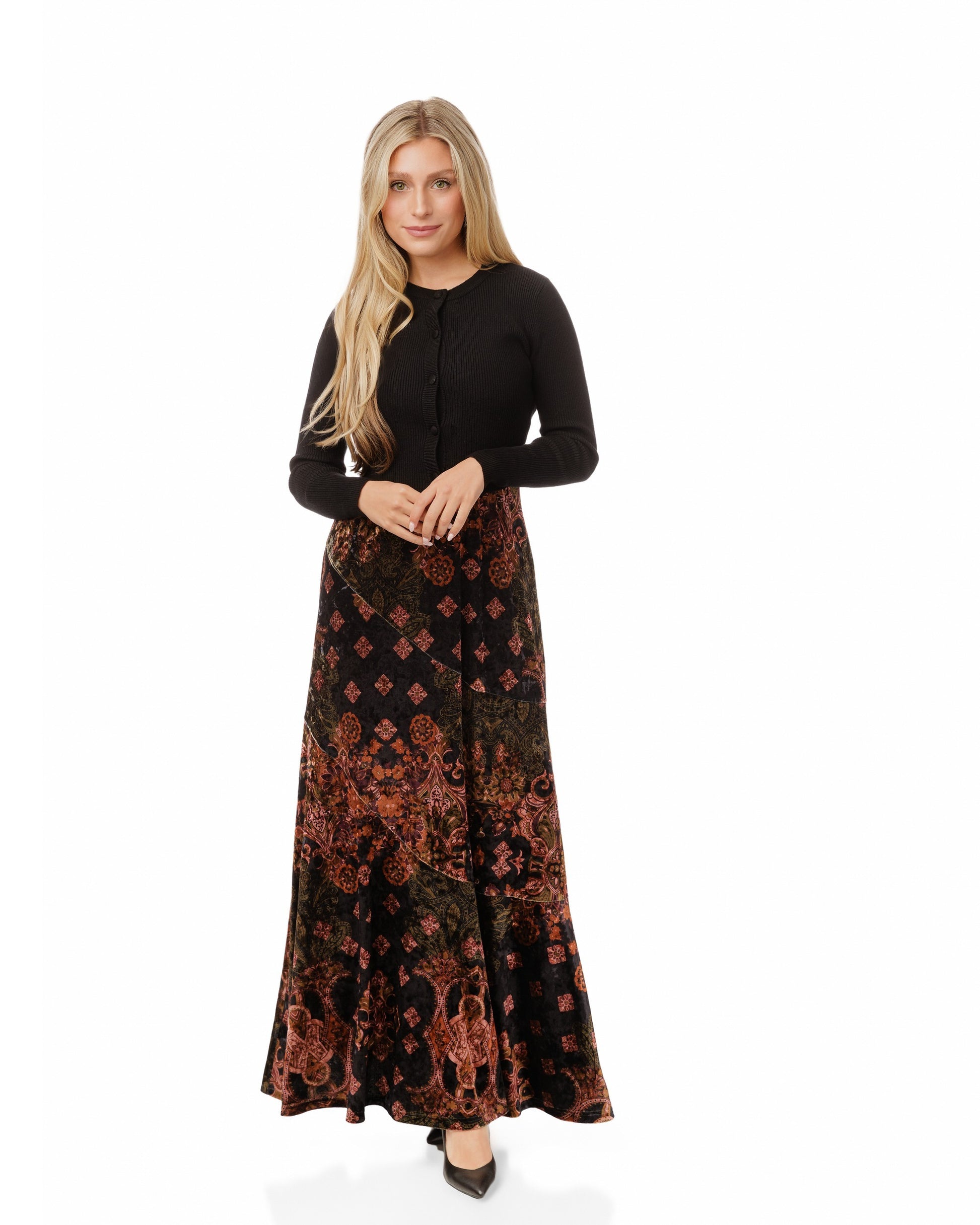 Printed Tiered Velvet Skirt With Black Knit Overlay