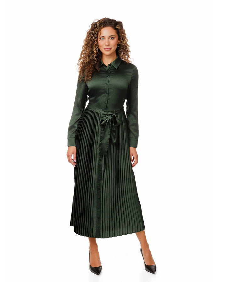 Green Satin Pleated Dress