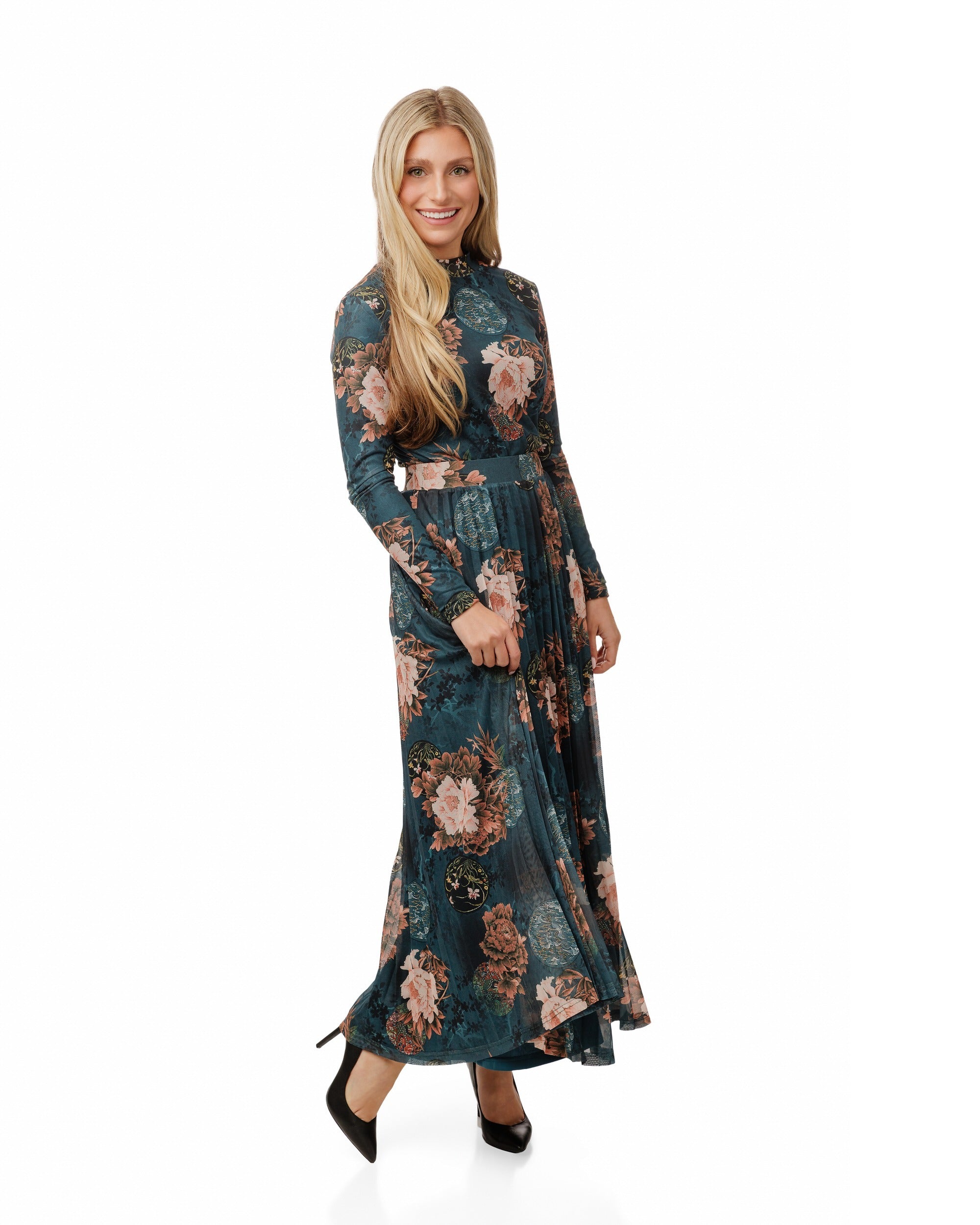 Blue Floral Printed Mock Neck Top