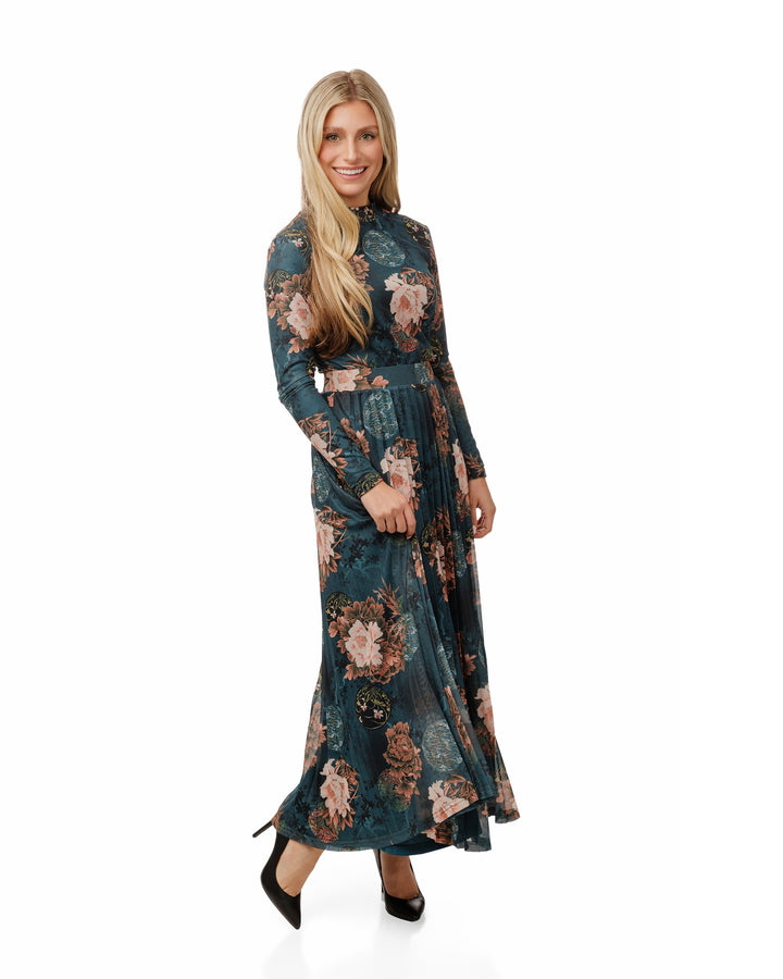 Blue Floral Printed Mock Neck Top