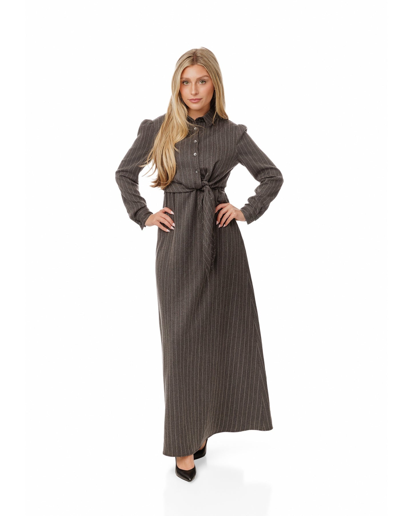 Grey Pin Stripe Button Down Overlay Dress