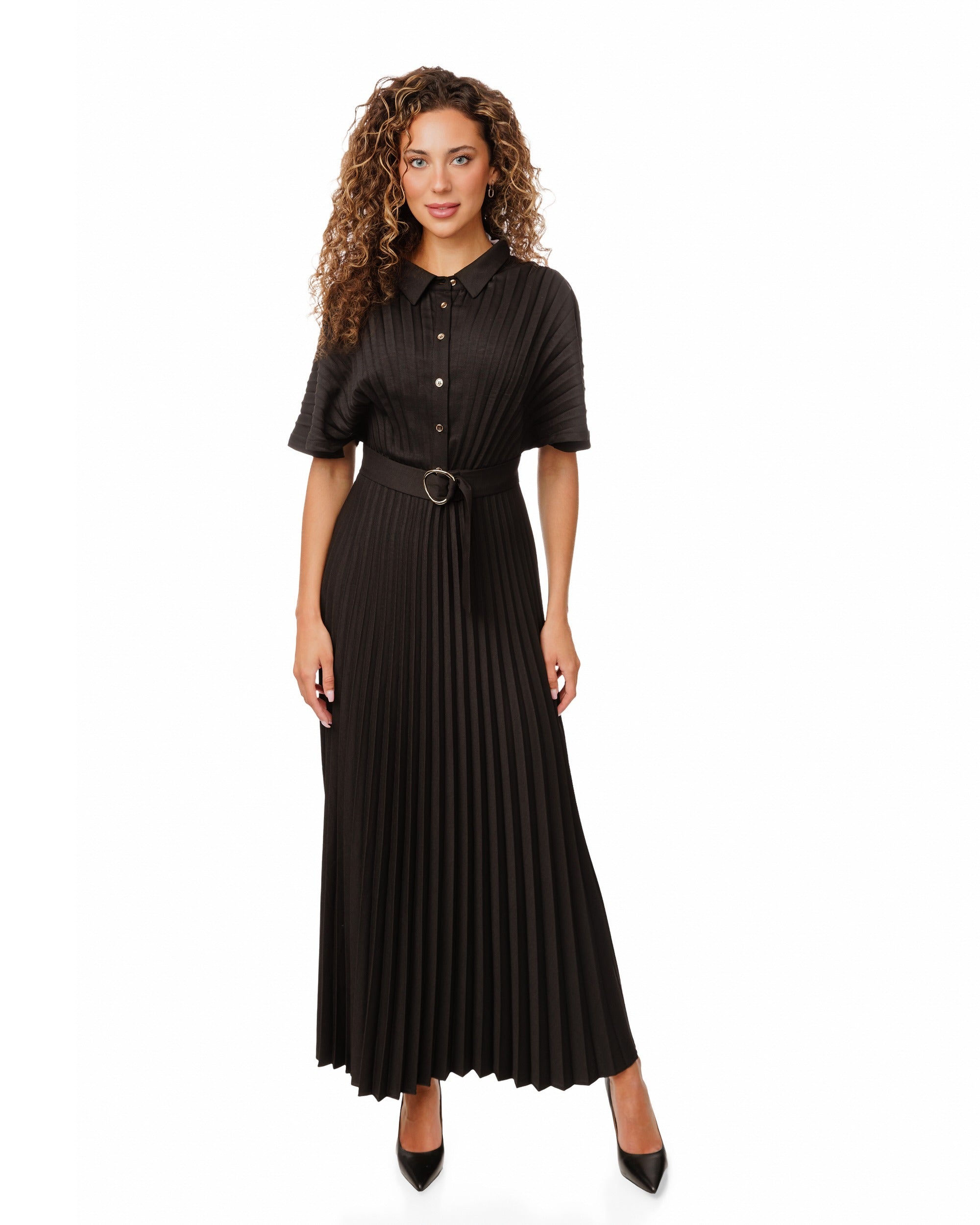 Black Pleated Belted Dress