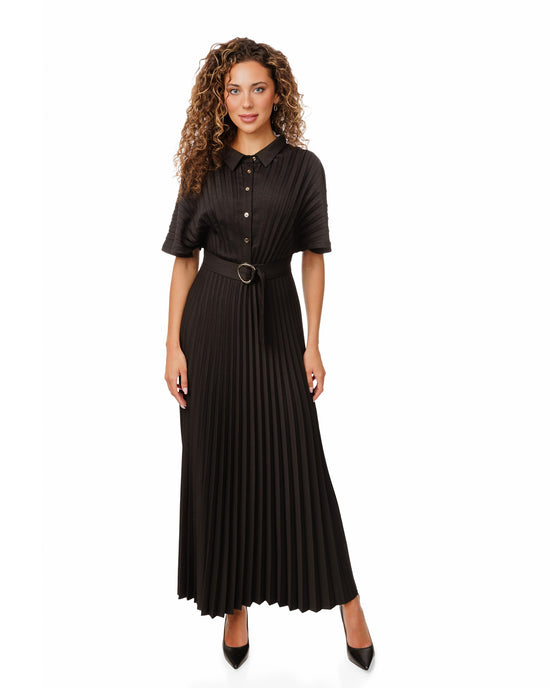 Black Pleated Belted Dress