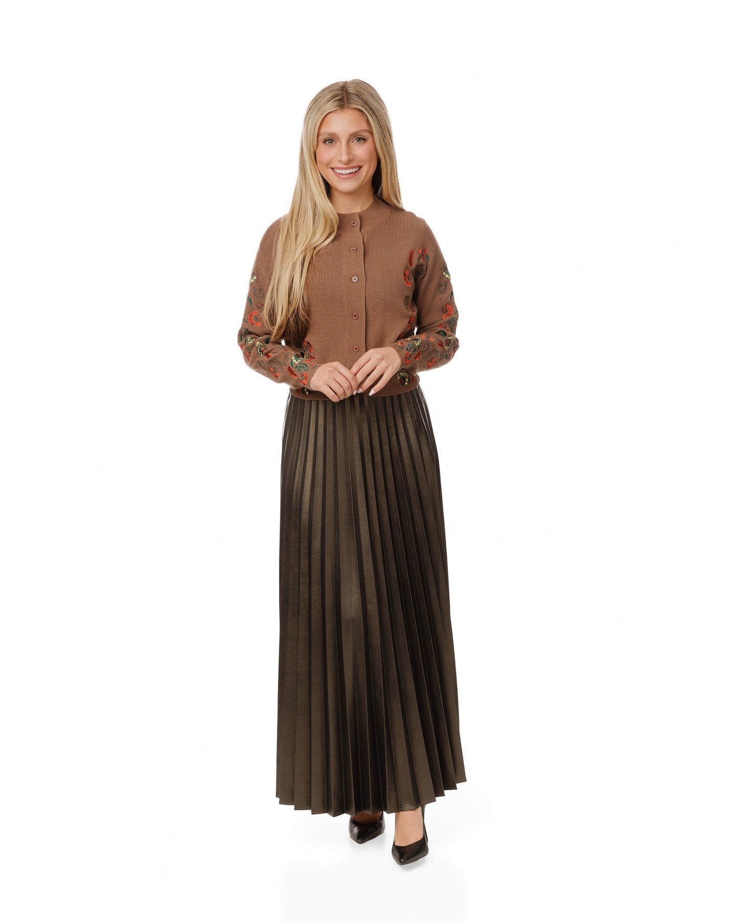 Cardigan With Red Flower Embroidery - Brown