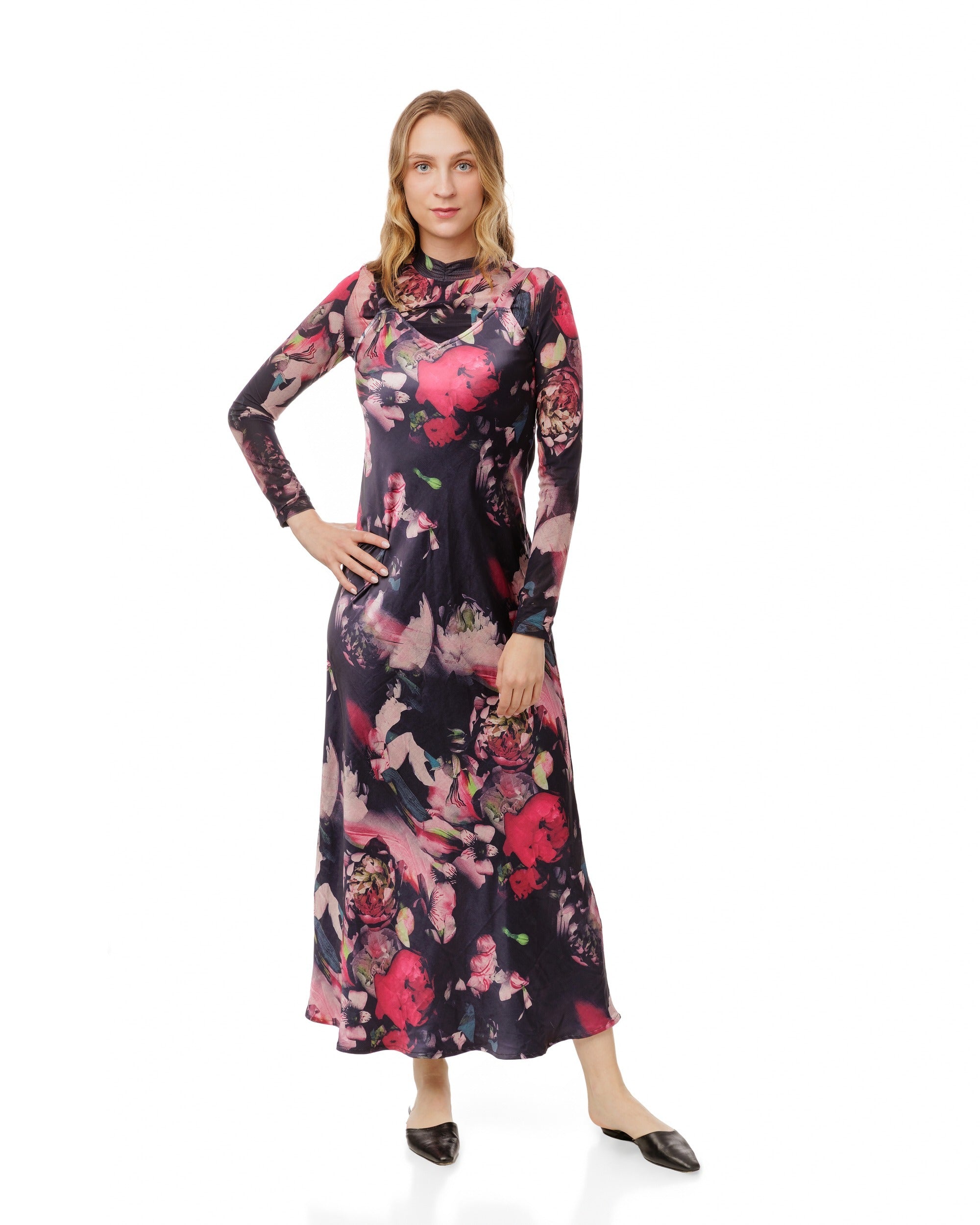 Pink Floral Printed Black Dress