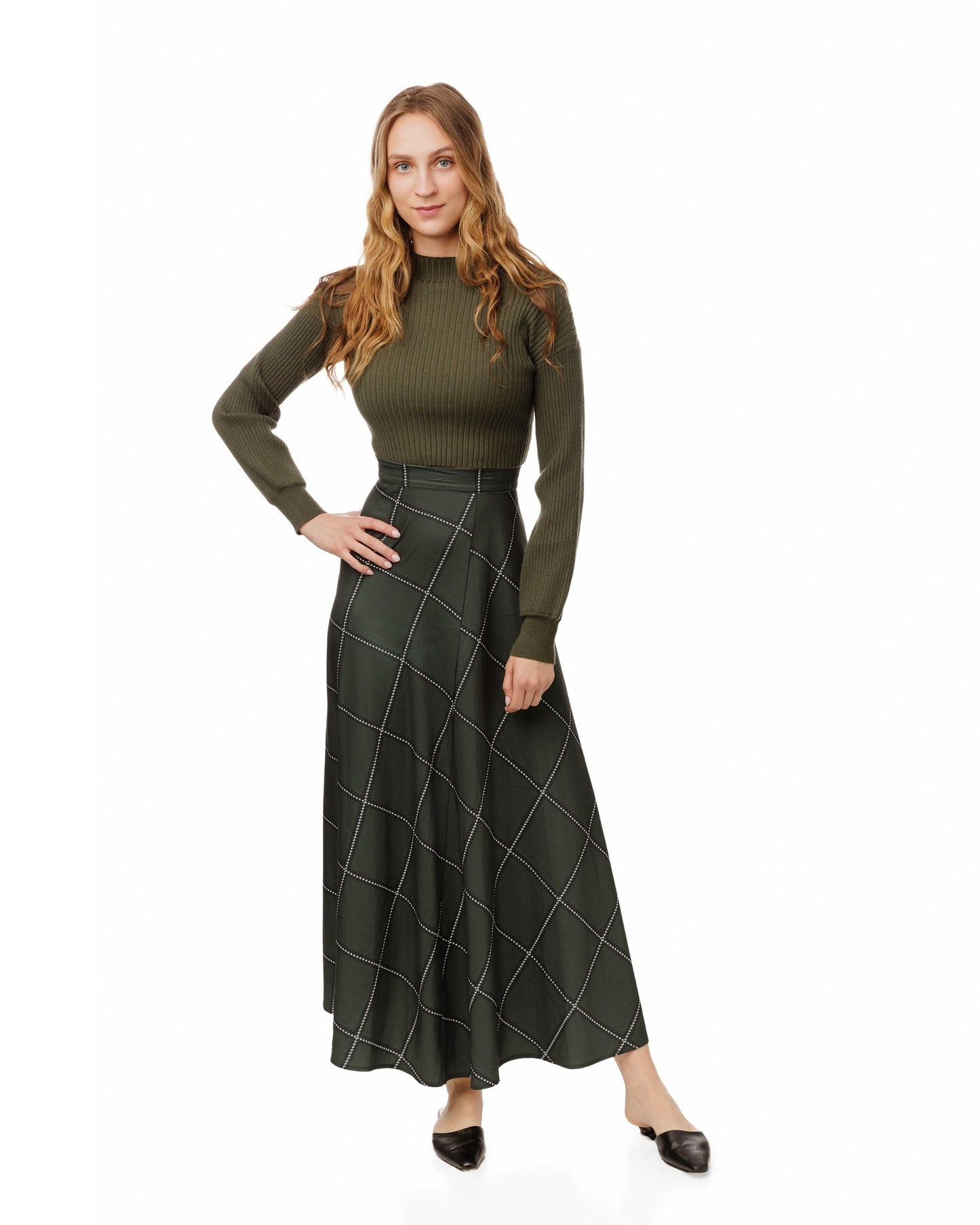 Green Ribbed Mock Neck Top