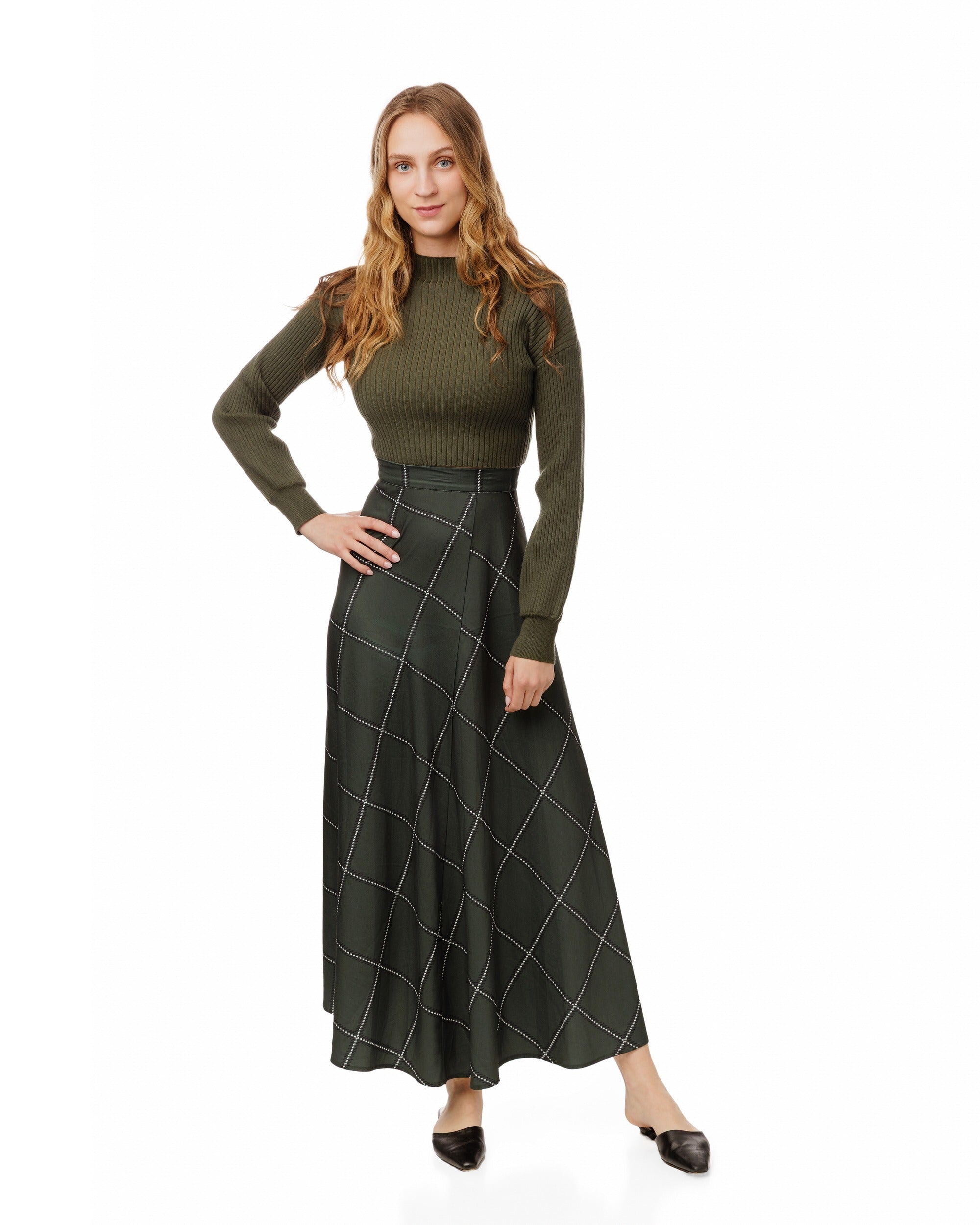 Green Ribbed Mock Neck Top
