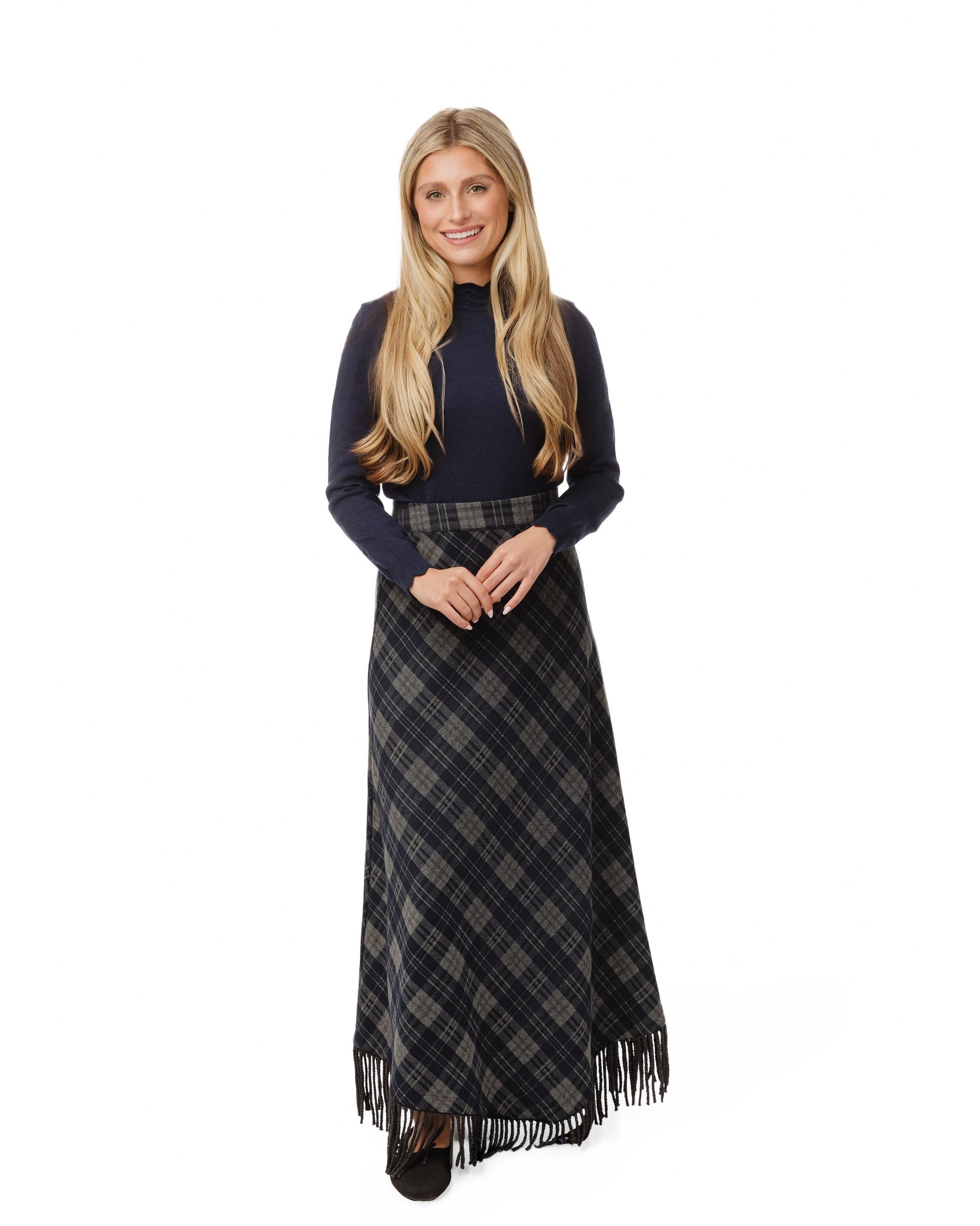 Navy Plaid Fringed Skirt