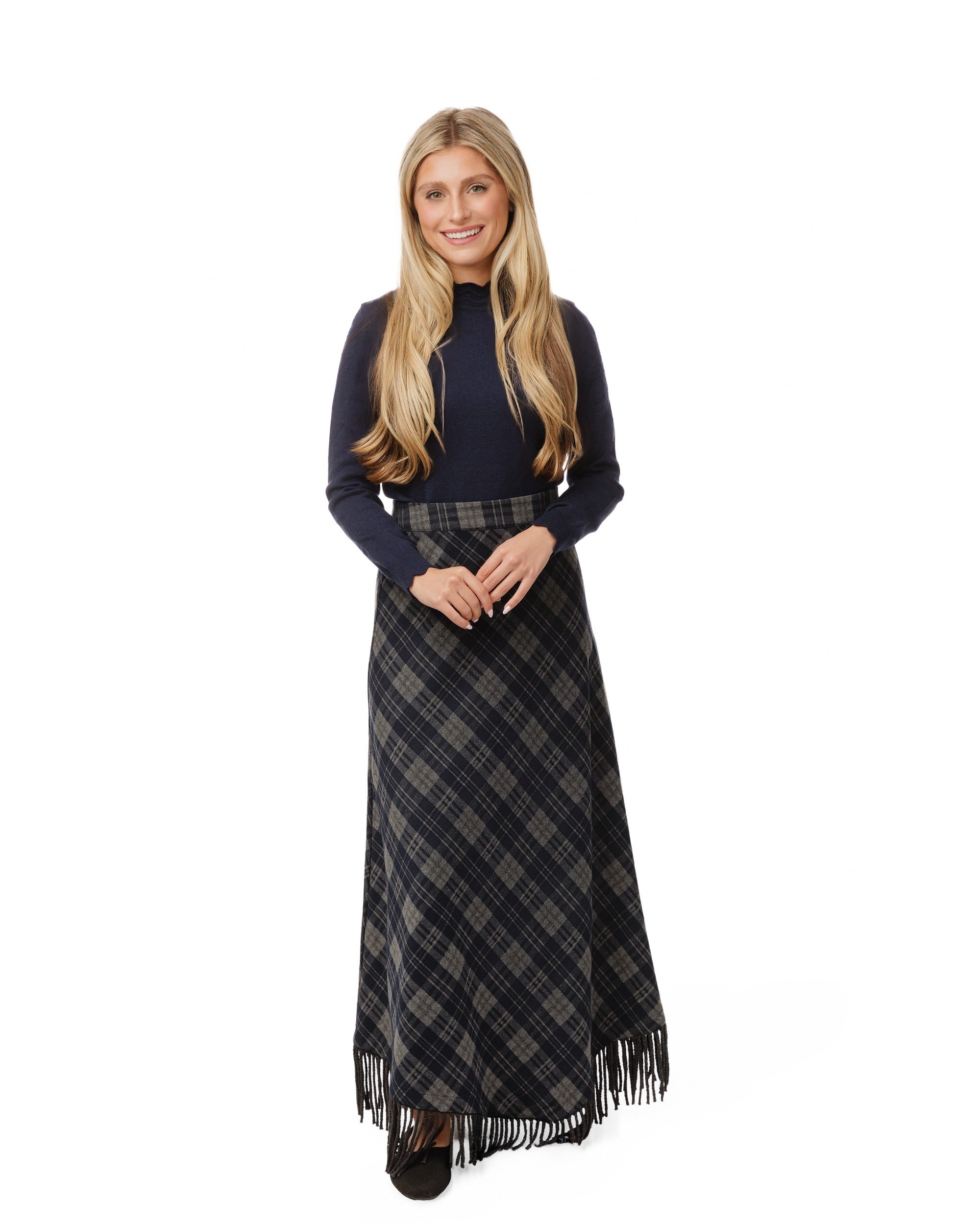 Navy Plaid Fringed Skirt