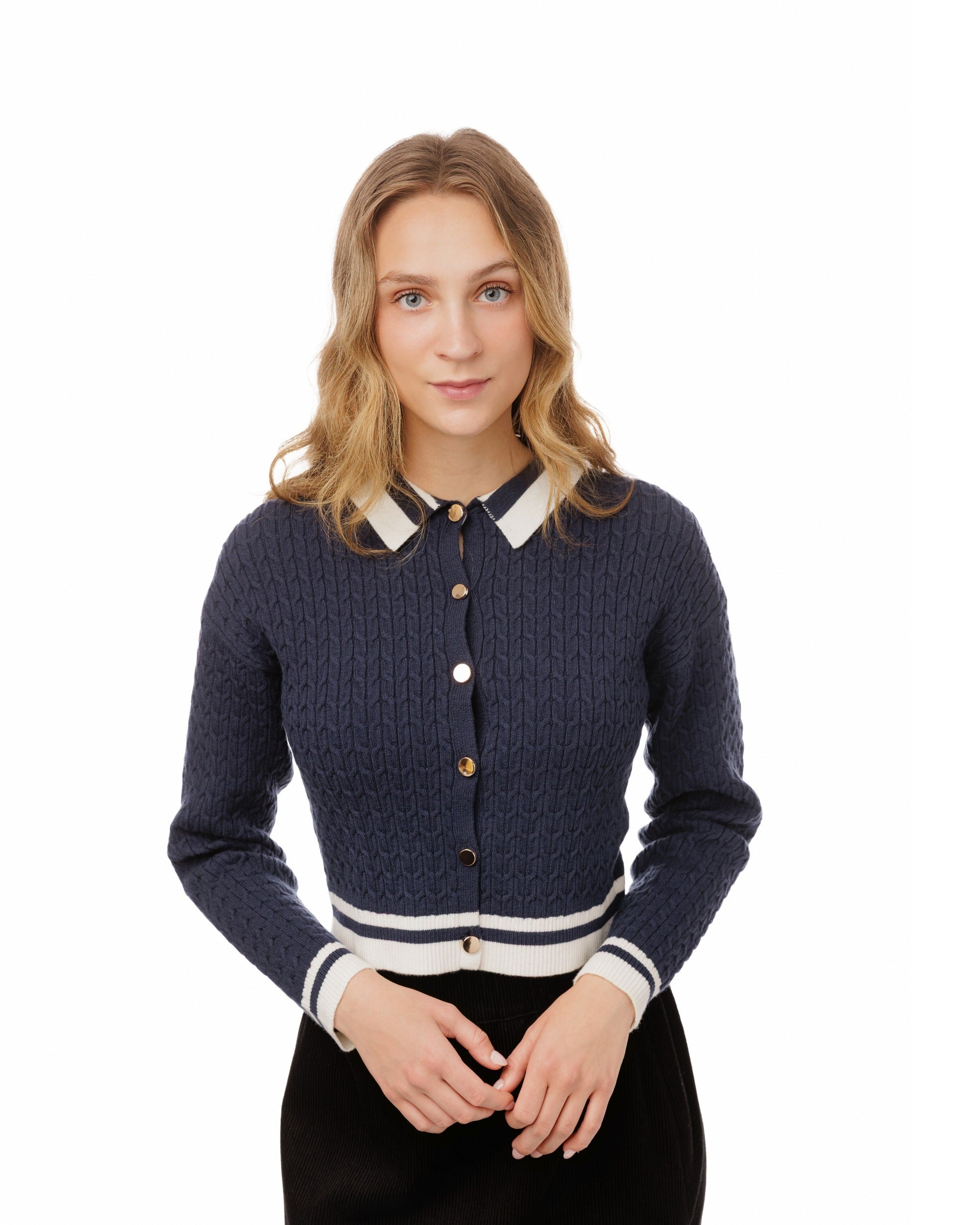 Navy Cable Knit Button Down Sweater With White Stripe Detail