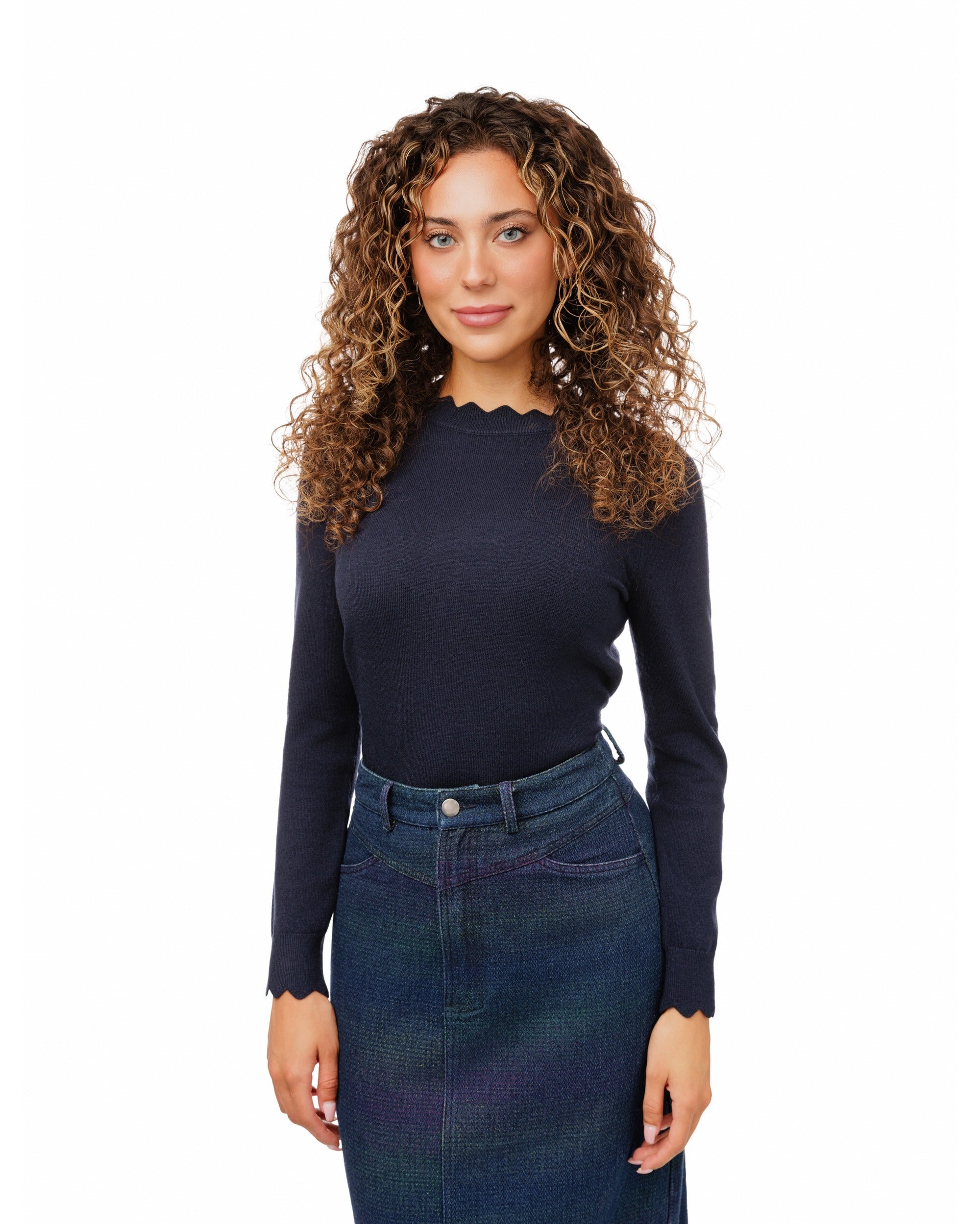 Navy Scalloped Detail Knit Top