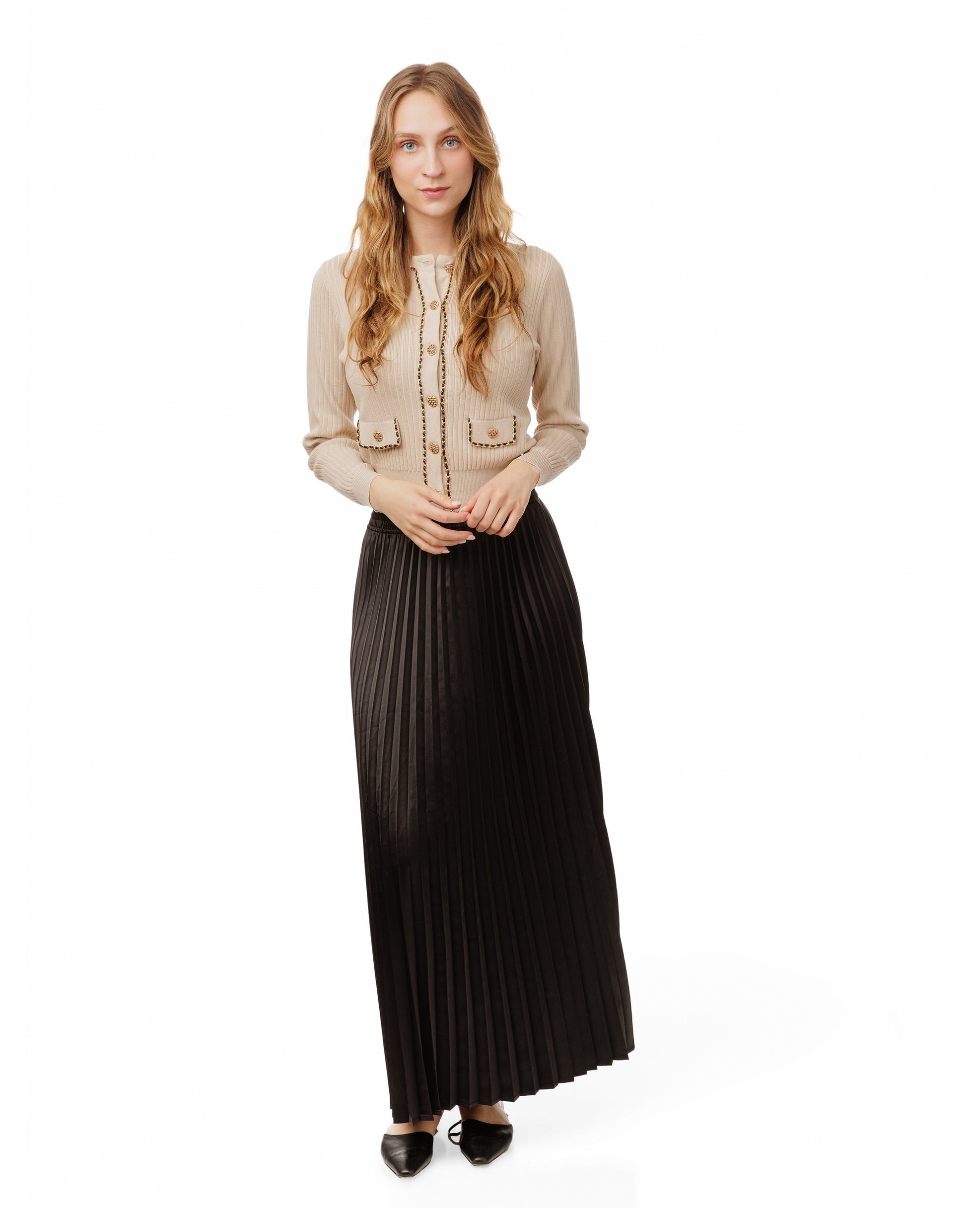 Beige Gold Chain Detailed Knit Cardigan