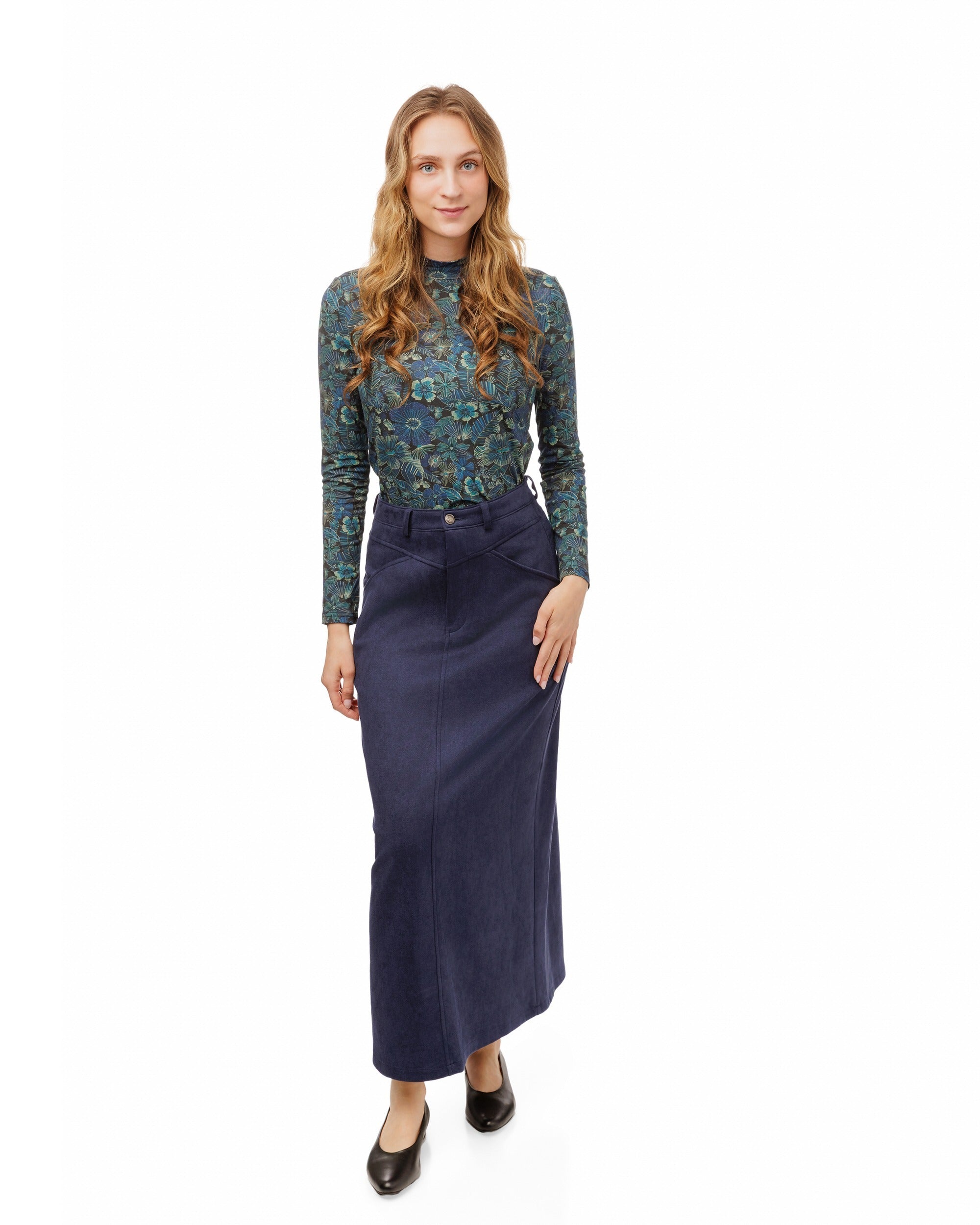 Suede A-Line Midi Skirt - Blue