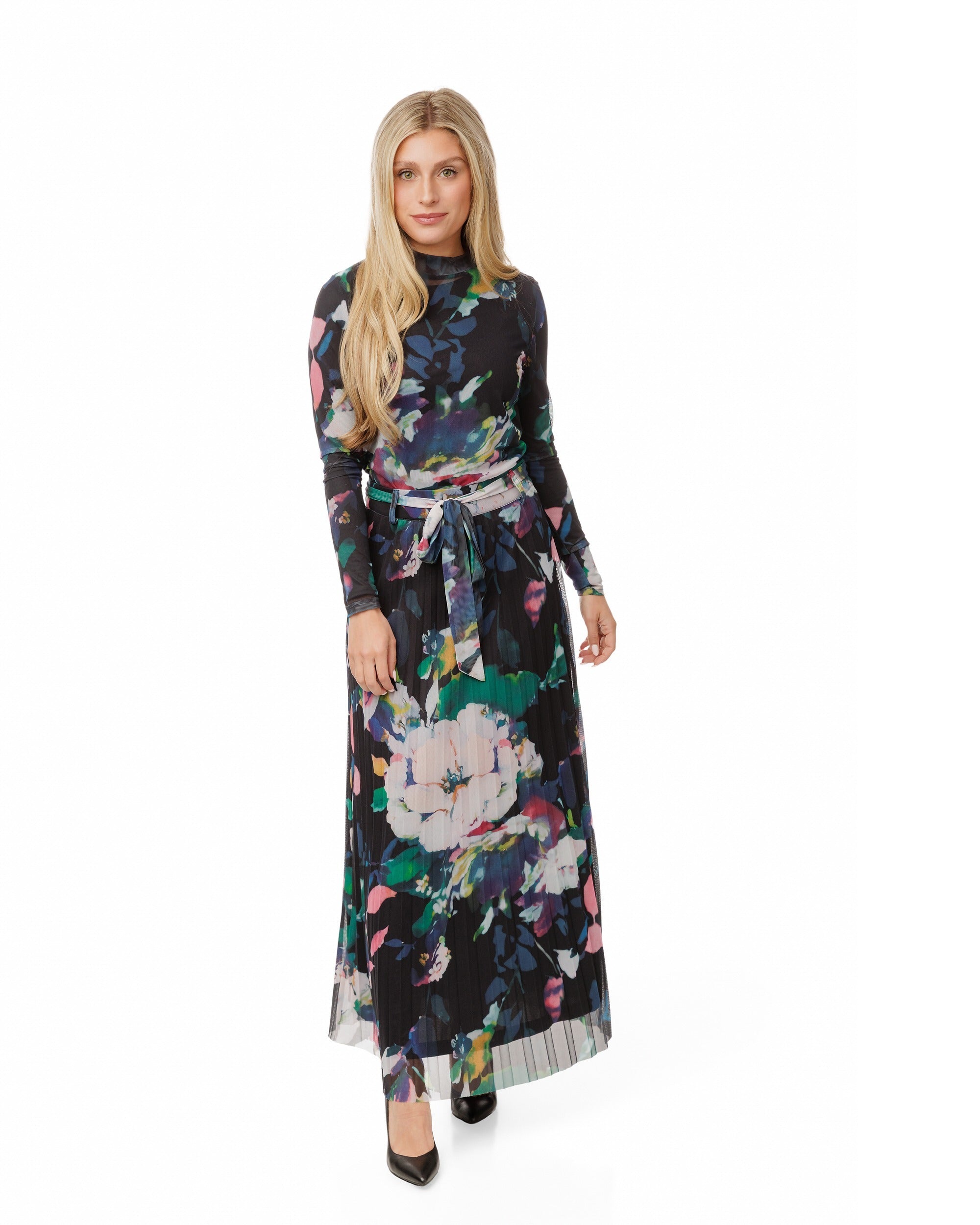 Black Floral Printed Mesh Mock Neck