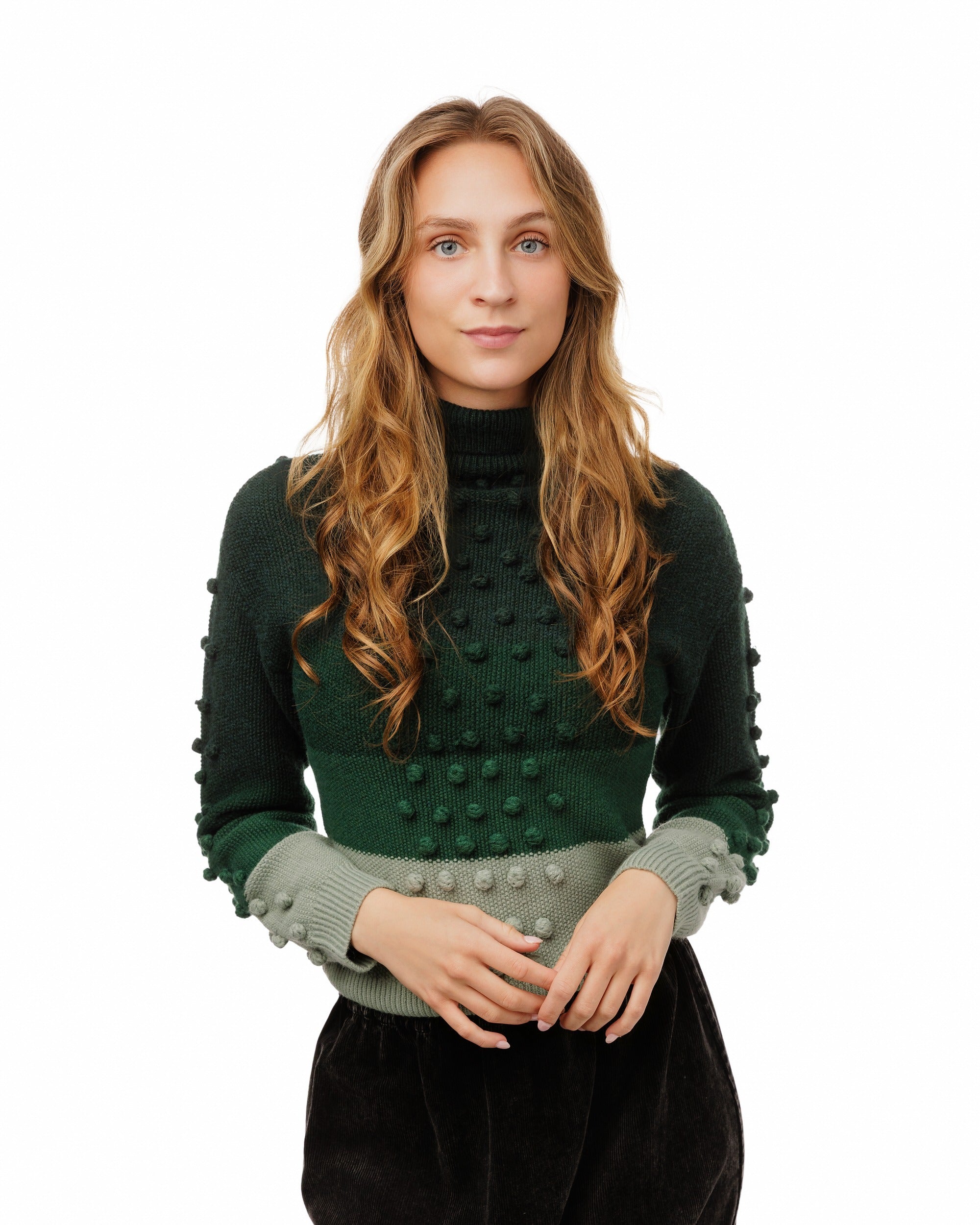 Green Knit Top With Pom Pom Detail