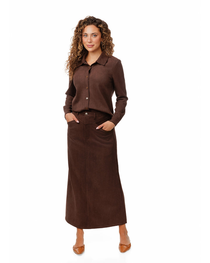 Suede A-Line Midi Skirt - Brown