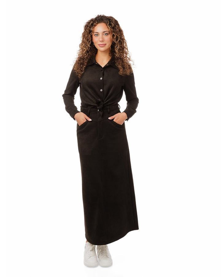 Suede A-Line Midi Skirt - Black