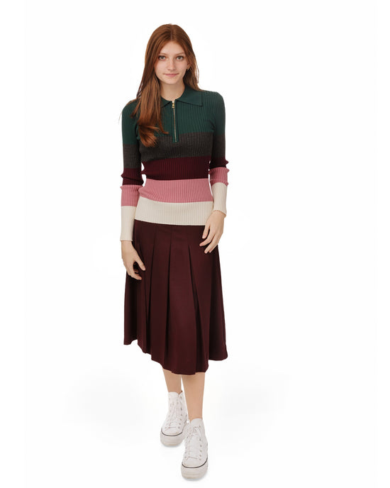 Multi Colored Striped Knit Shirt With Zipper - Burgundy
