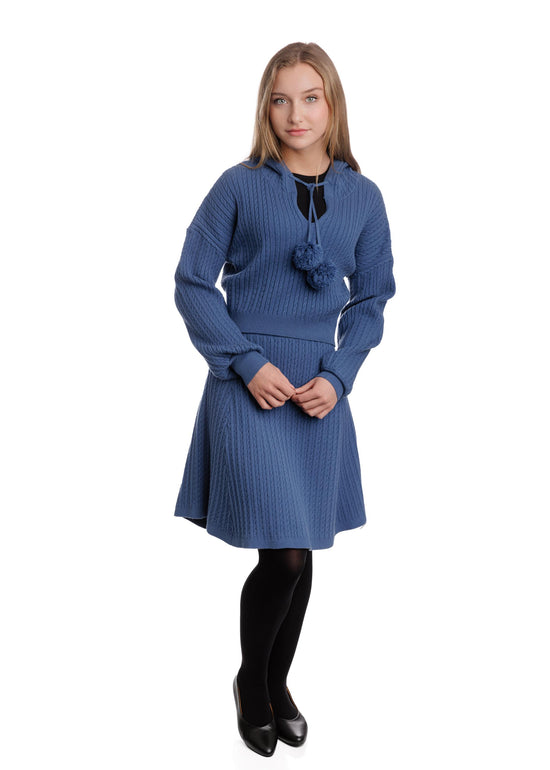 Cable Knit Sweater With Pom Poms - Blue