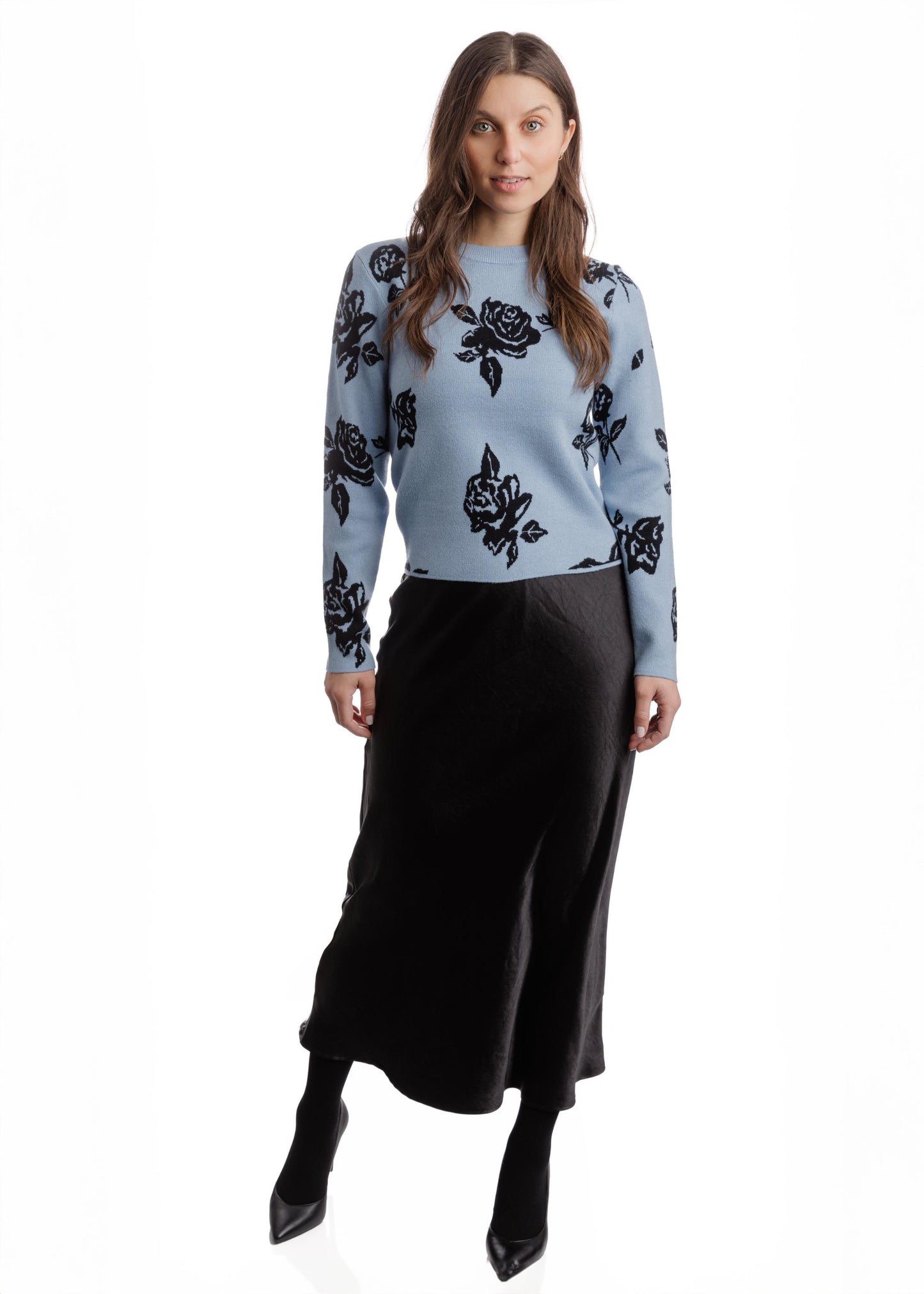 Knit Sweater With Flowers - Blue