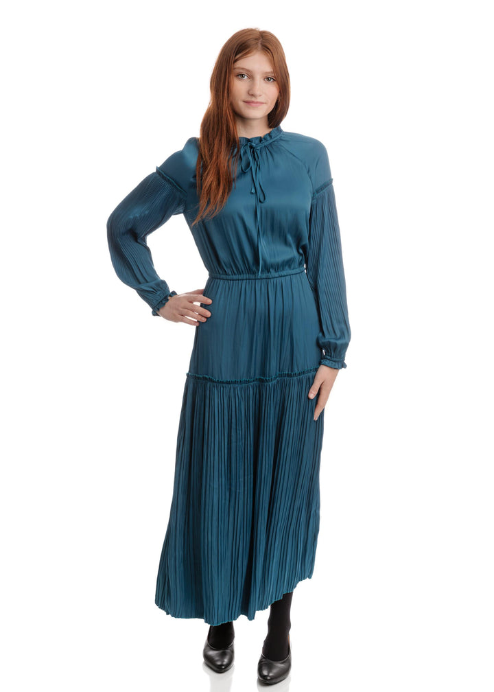 Solid Pleated And Tiered Dress - Teal