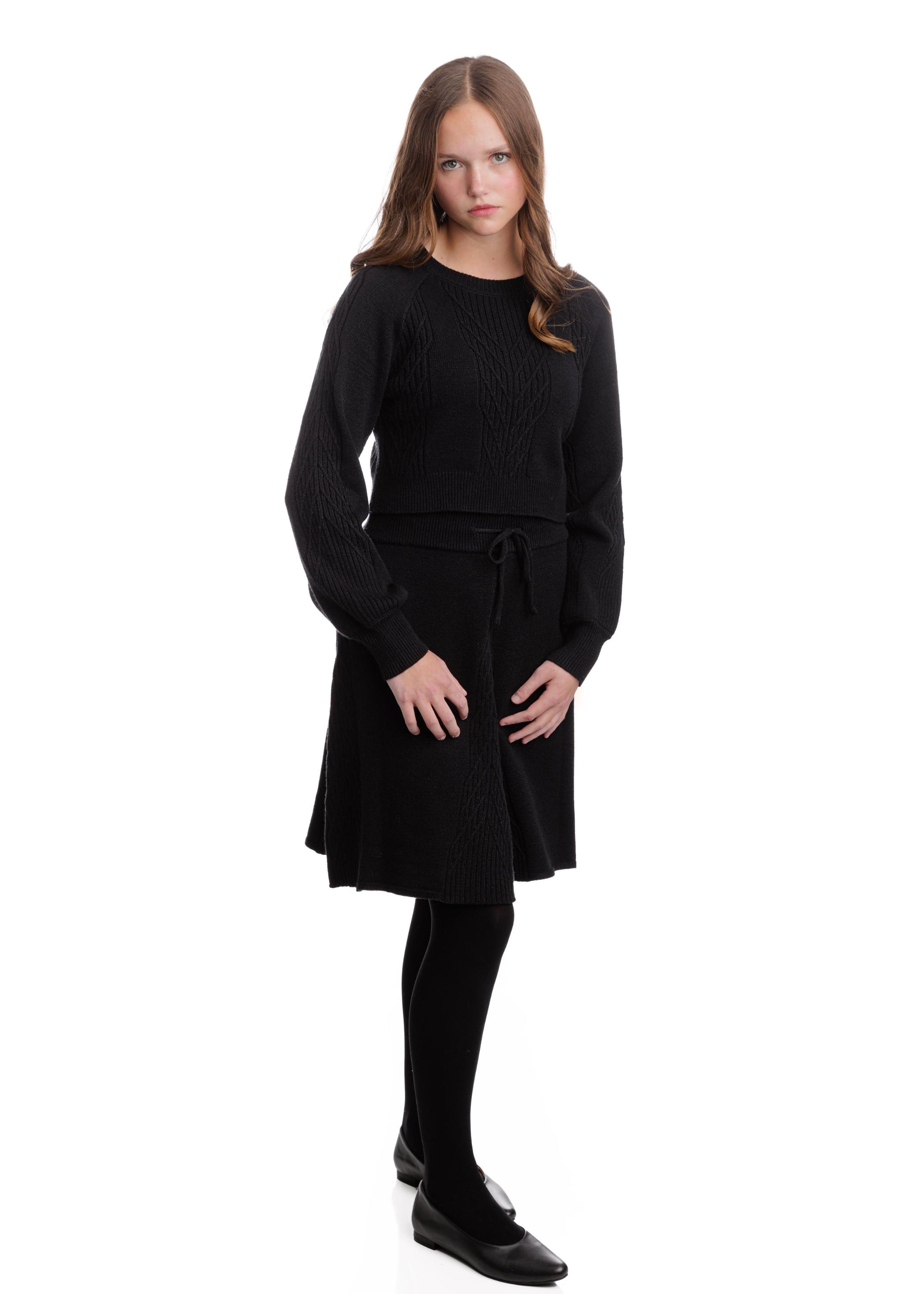 Cable Knit Crew Neck Top - Black