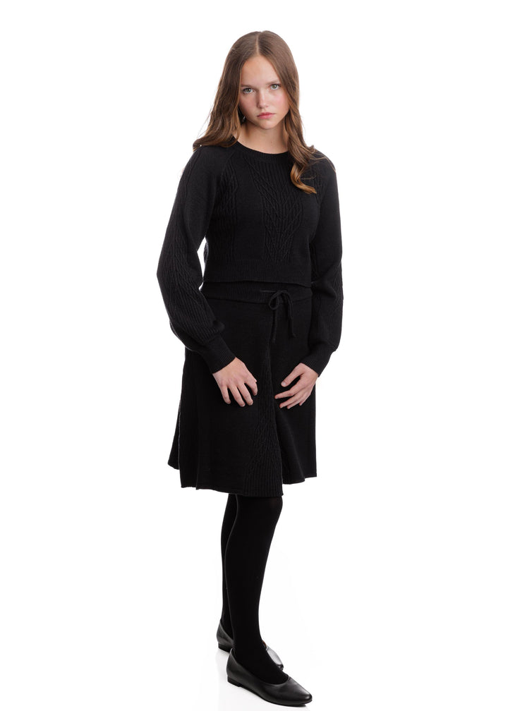 Cable Knit Crew Neck Top - Black