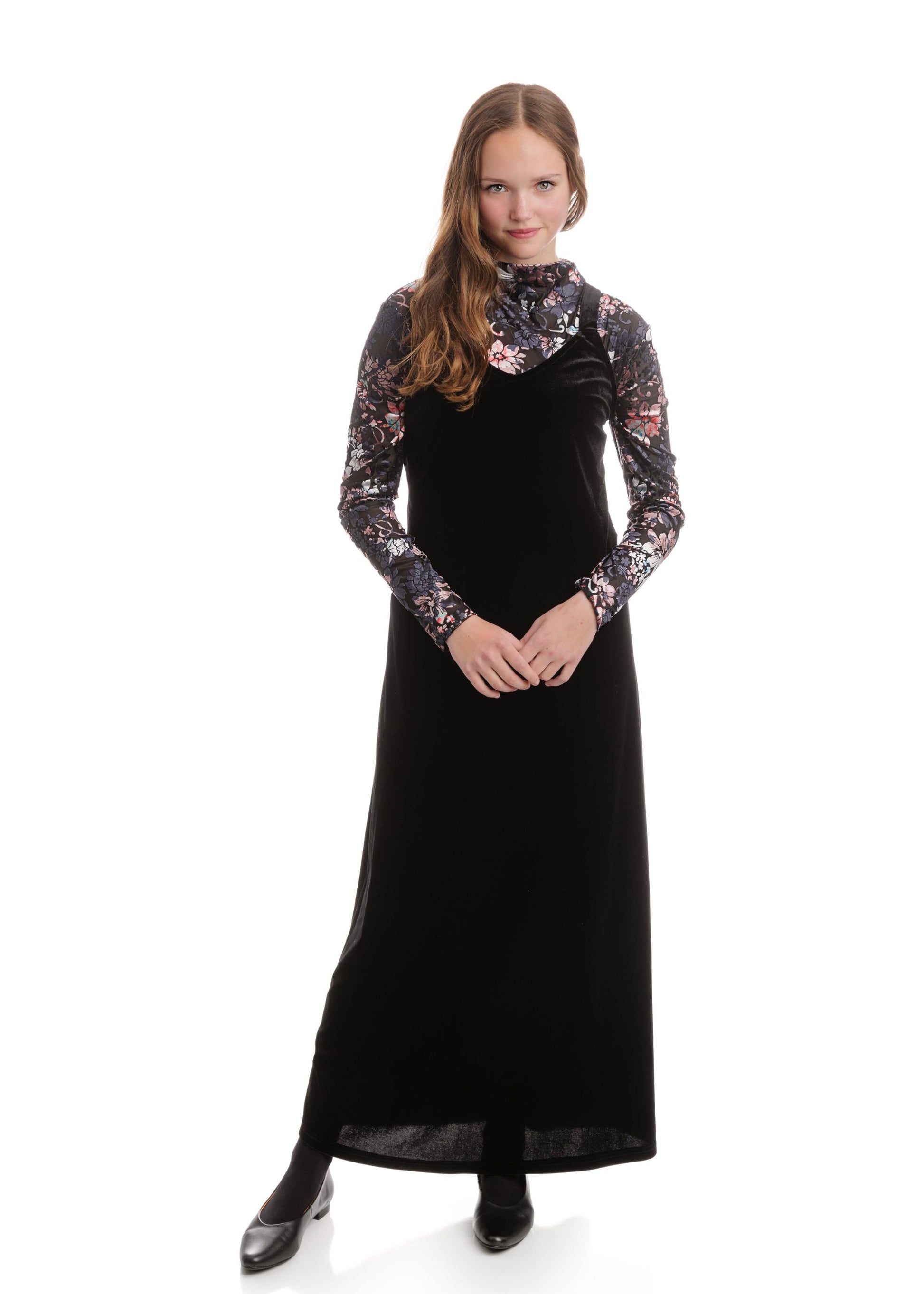 Velvet Jumper with Floral Velvet Mock Neck Underlay - Black
