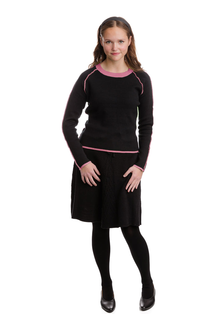 Black Knit Sweater With Neon Stitching - Pink