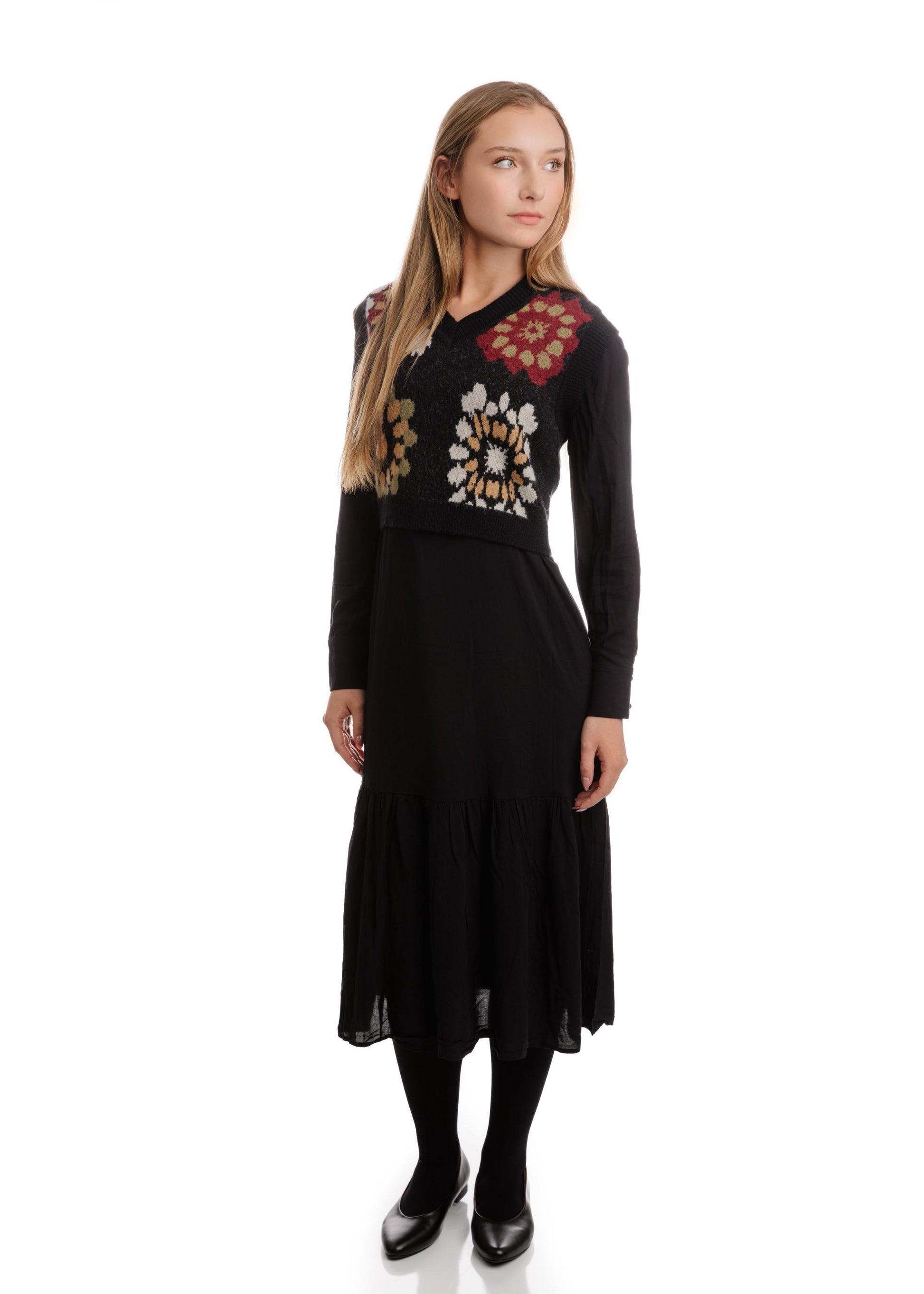 Black Dress With Printed Knit Vest Overlay
