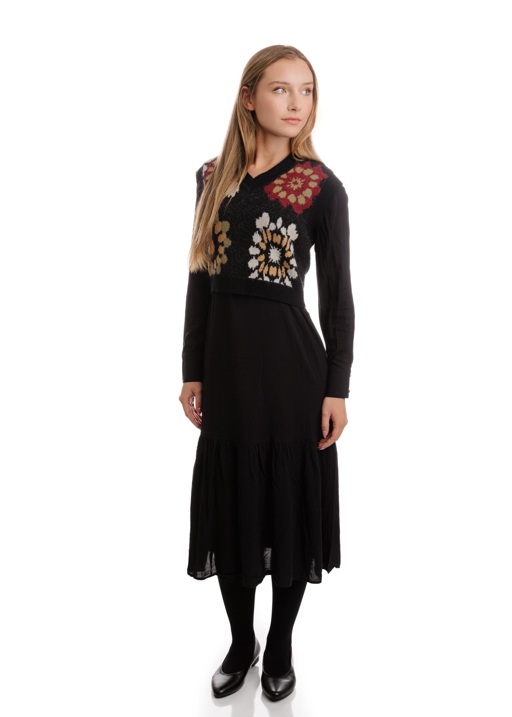 Black Dress With Printed Knit Vest Overlay