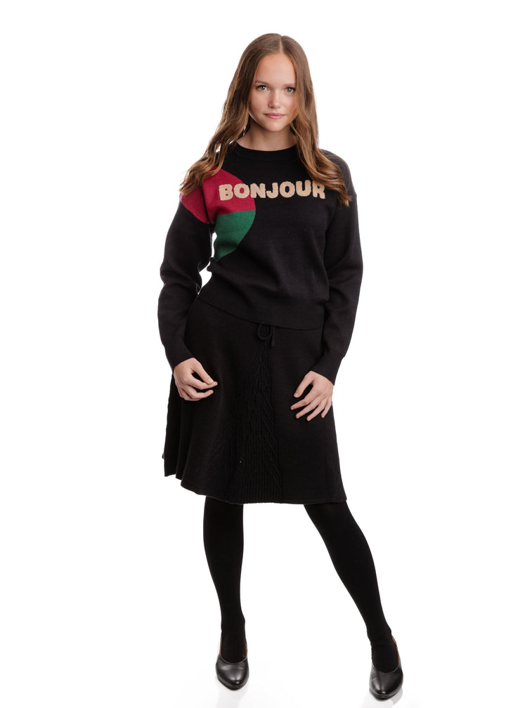 Black Knit Sweater With "Bonjour" Written Across
